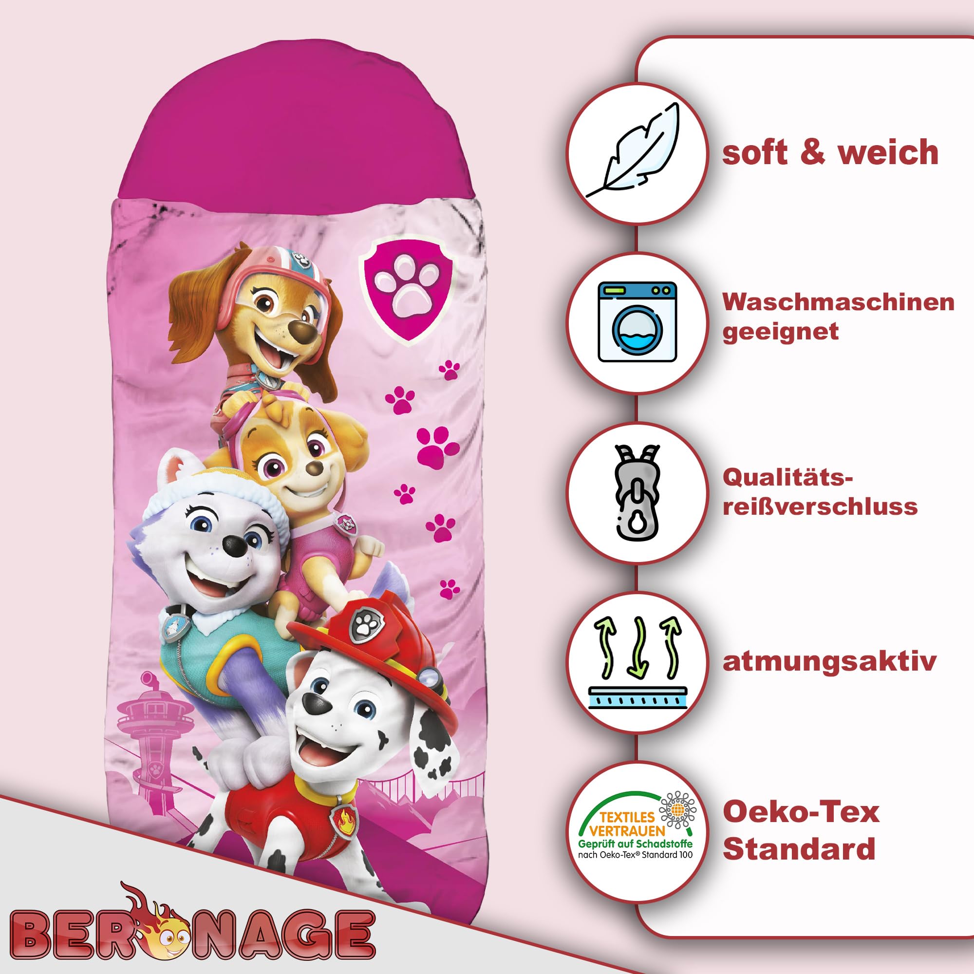 Paw Patrol Kinder-Schlafsack – Pink 140 cm + 30 cm (Kapuze) x 70 cm ideal für Outdoor/Indoor mit Skye, Everest, Liberty, Marshall, Mumienschlafsack für Mädchen und Jungs mit Reißverschluss