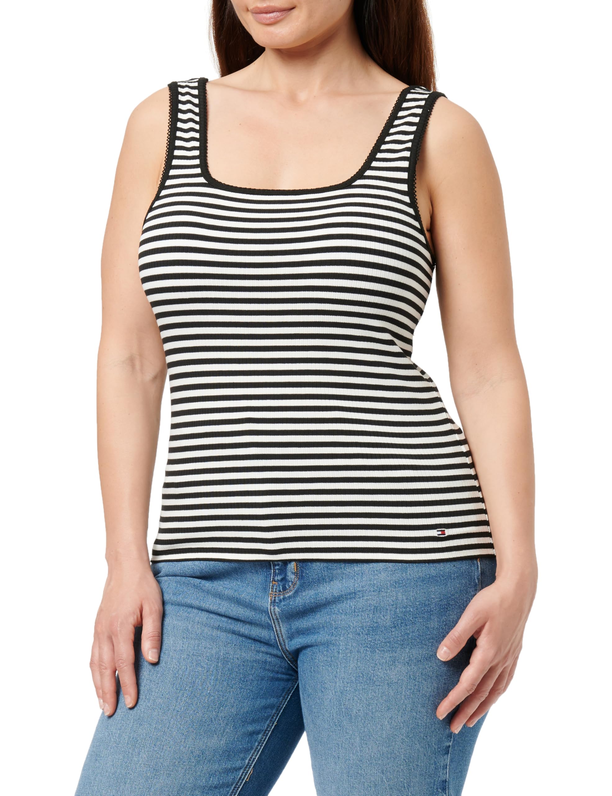 Tommy Hilfiger Women's Slim Ribbed Tank Top, Multicolor (Ecru/Black Fine STP), XXS