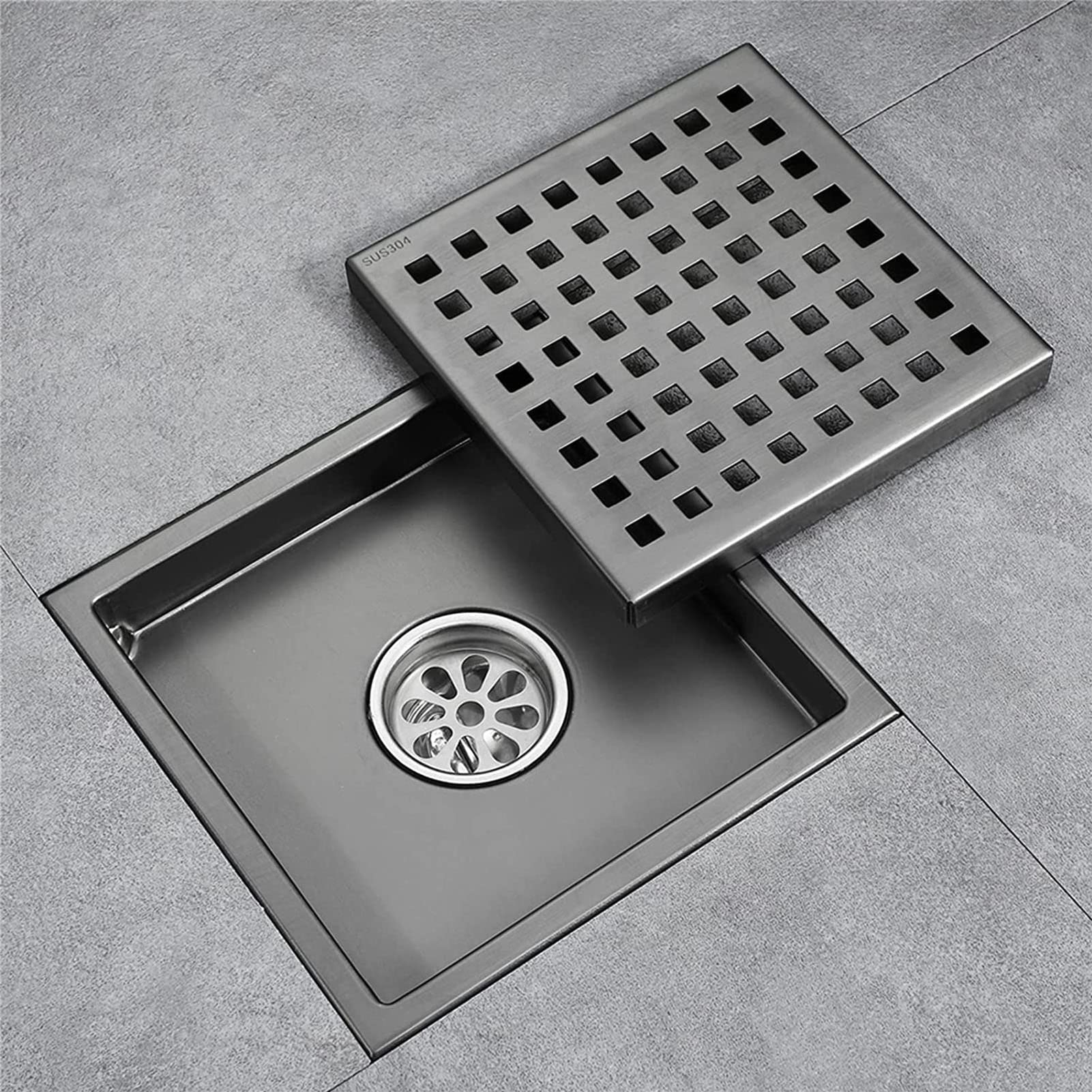 YJYKXP Scarico a pavimento quadrato per doccia da 15,6 cm, con griglia rimovibile, cattura capelli, scarico doccia in acciaio inox SUS 304, copertura di scarico doccia per bagno, nero