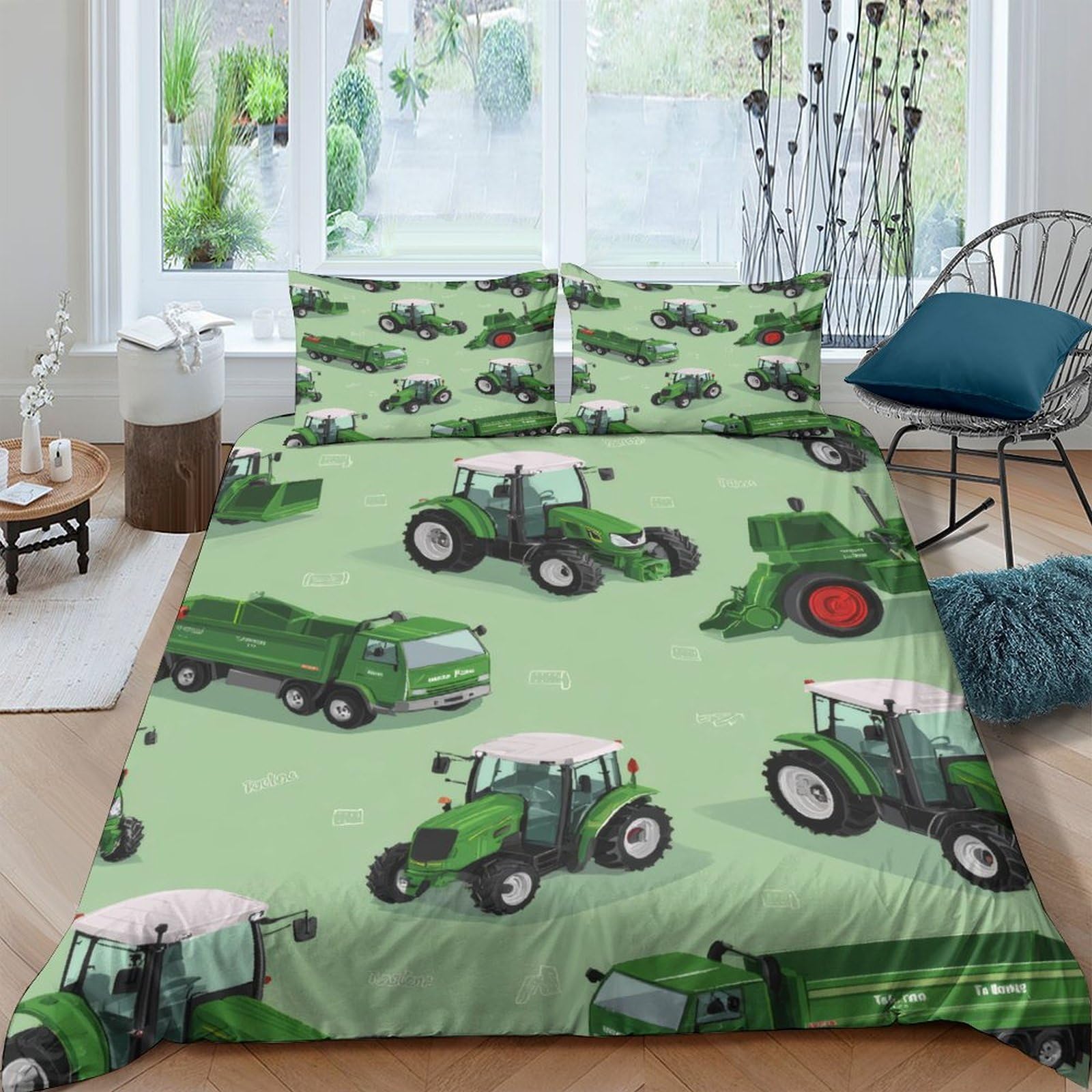 Ctjqhvkz Style-7 3D Printed Green Tractor Fitted Sheet Microfiber Soft Farm Vehicle Bed Cover For Bedroom Guest Room Dorm Decor Single（135X200cm）
