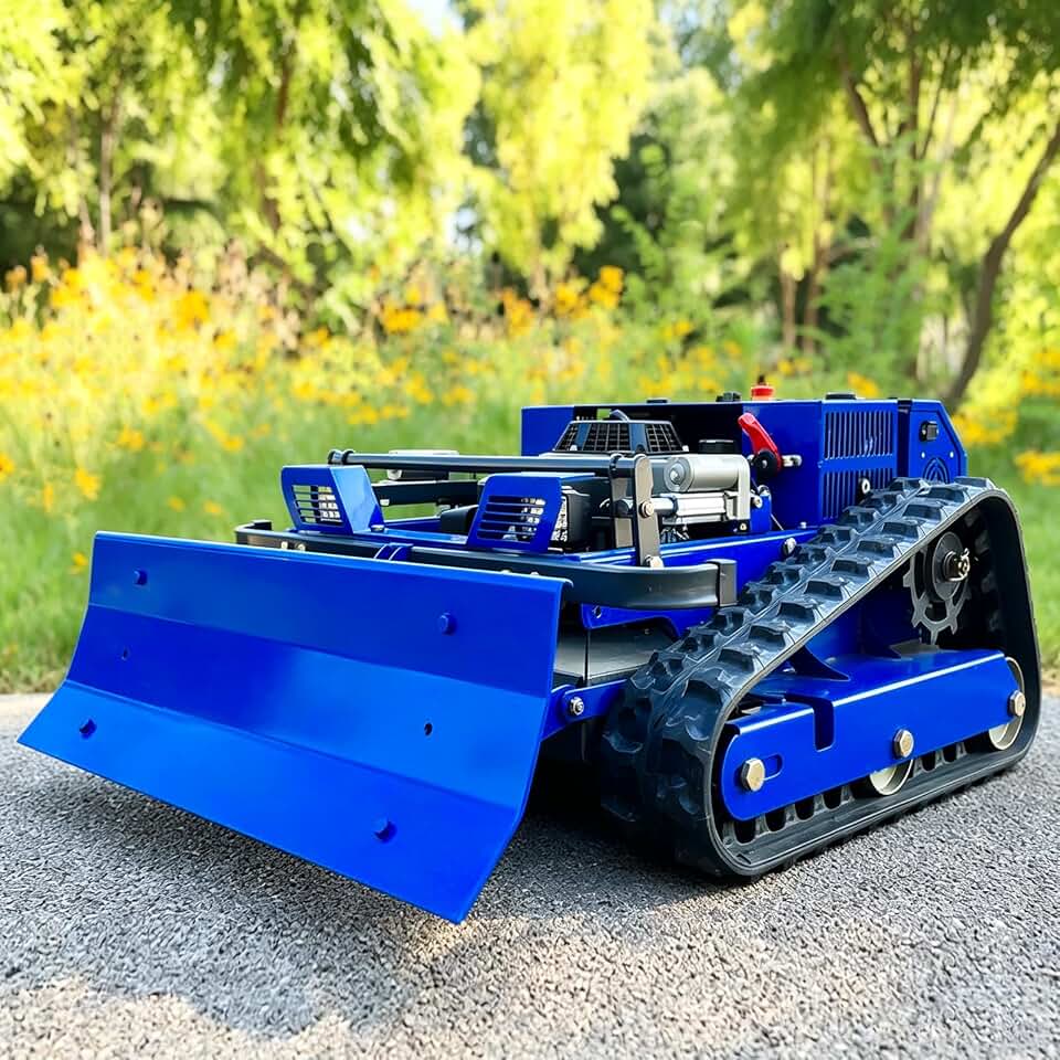 RC Lawn Mower with Plow Attachment – 7.5HP Petrol, 700m Remote, 55cm Deck, 2-15cm Height, 45° Slope, Self-Developed Circuit – for Garden, Farm, Snow Clearing – All-Season Tracked Tool