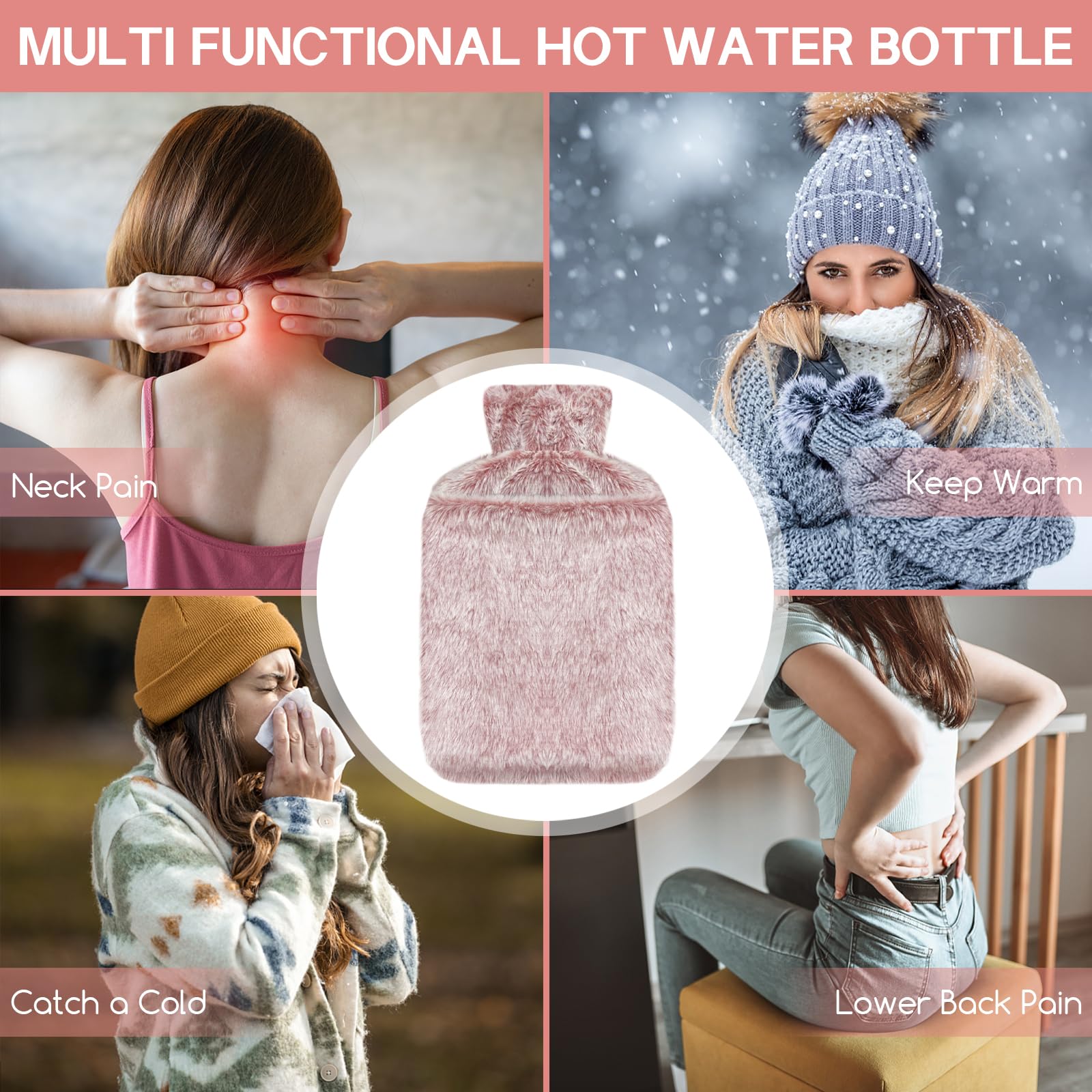 Jsdoin Borsa Acqua Calda, 2L Borsa Dell'acqua Calda con Peluche Morbida Copertura,Boule Acqua Calda, Borsa Acqua Calda per Dolori (Rosa)