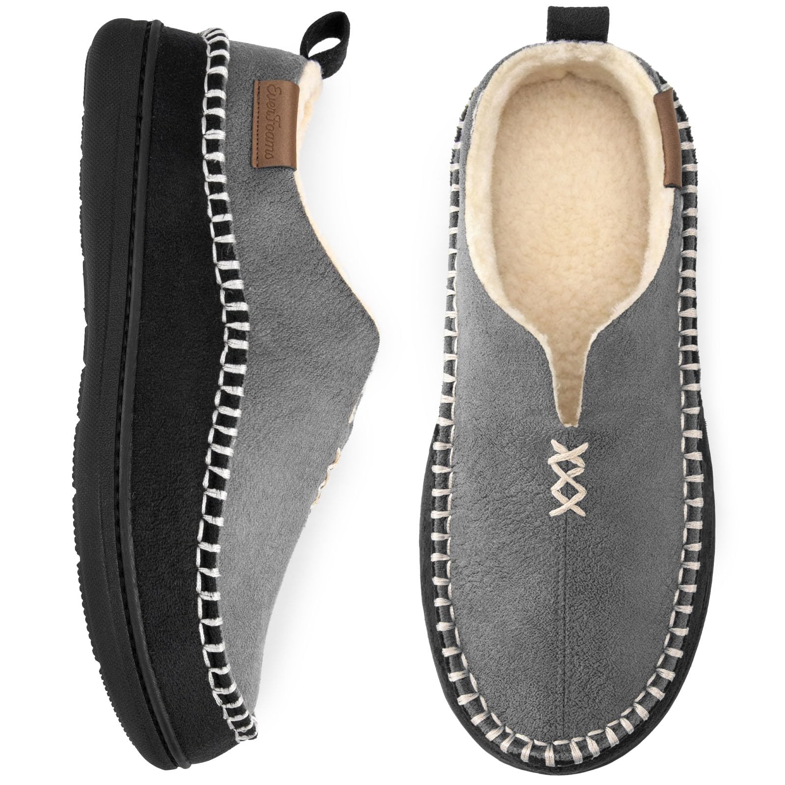 EverFoams Men's Moccasin Slippers Memory Foam Indoor/Outdoor Warm Suede House Shoes with Fuzzy Sherpa Lining