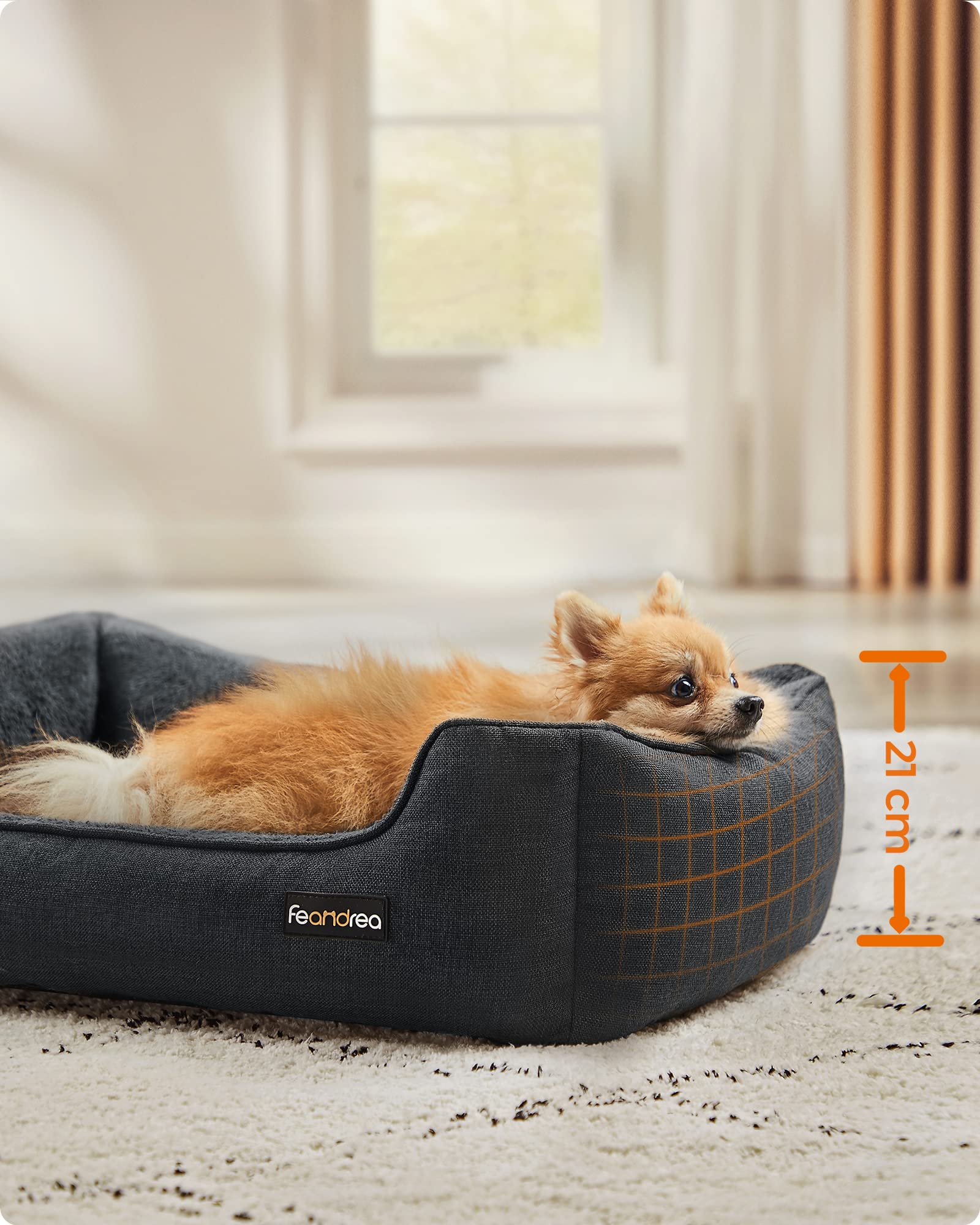 Feandrea Cuccia per Cani, Lettino per Animali in Simil Lino, Bordi Rialzati, Fondo Antiscivolo, Copertura Sfoderabile per Lavaggio, Taglia M per Cane Piccolo, 70 x 55 x 21 cm, Grigio Scuro PGW010G01