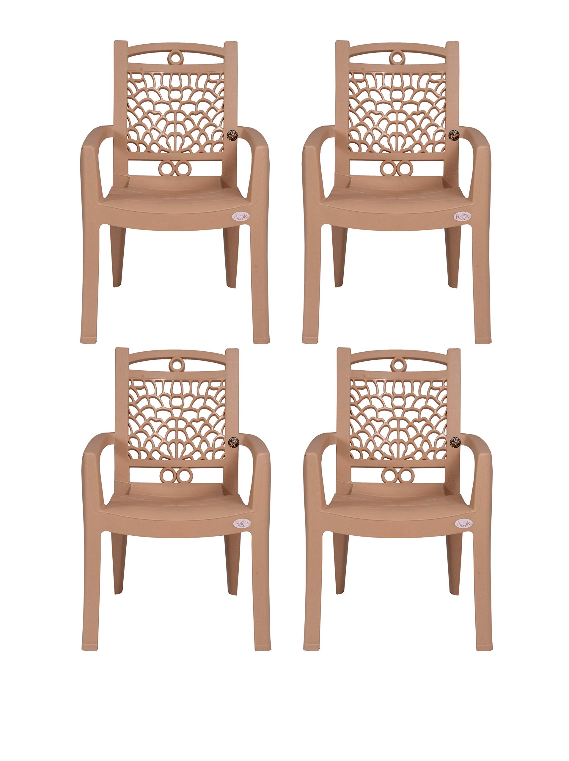 PETALS Plastic Chairs Set of 4 | Stackable Fiber Arm Chair for Drawing/Living Room | Armchairs for Home/Office/Garden/Indoor & Outdoor | Cap Upto 150 Kgs | Beige, 4Pcs, Swiss | 3 Years Warranty