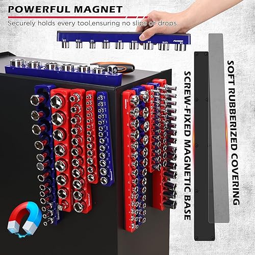 Miniatura 4 de Conjunto de organizador magnético de llaves de vaso de 12 piezas de 14" 38" 12"-Drive SAE y métrico (con capacidad para 143 llaves de vaso) -Bandeja