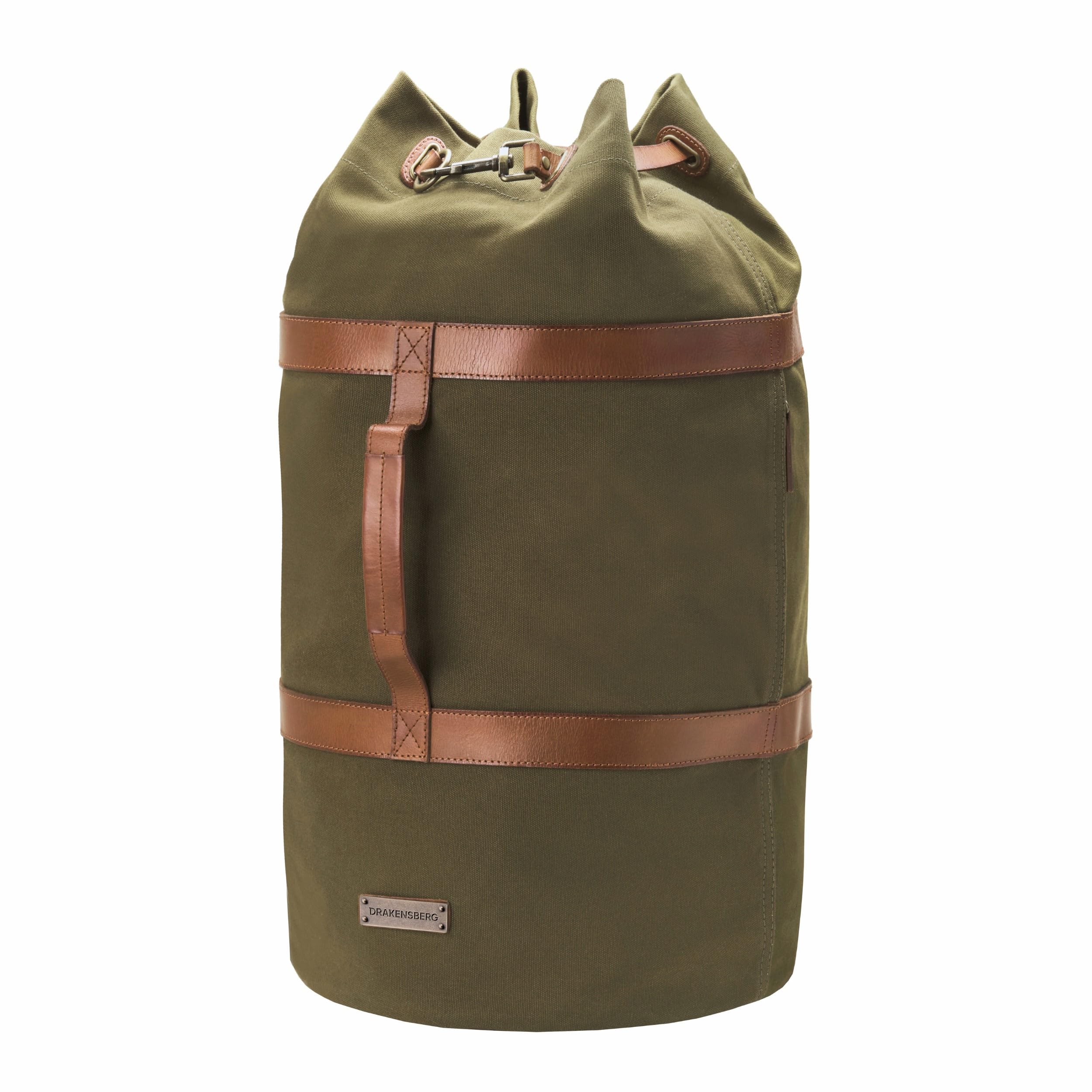 DRAKENSBERG Seesack 'Robin' L - große Reisetasche als Rucksack, XL Duffel Bag im Vintage-Marine-Design für Reise und Sport, nachhaltig handgemacht, 60 L, Segeltuch-Canvas, Leder, Olivgrün, DR00125