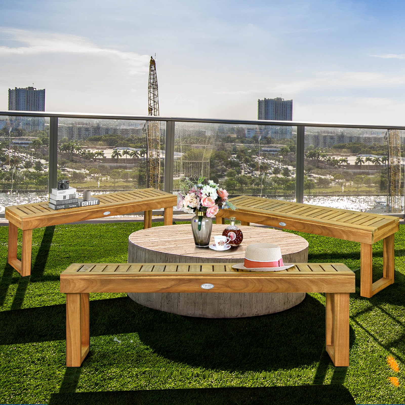 COSTWAY Banco de Madera de Acacia para Patio, Banco de Exterior con Asiento de Listones para Comedor, Banco sin Respaldo para Jardín Patio Piscina Balcón (con Barra de conexión)