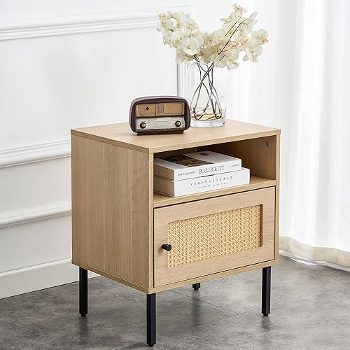 MEMUY Mesita de noche de ratán, mesa auxiliar de madera con cajón con patas de madera maciza, mesa decorativa pequeña con almacenamiento, mesa