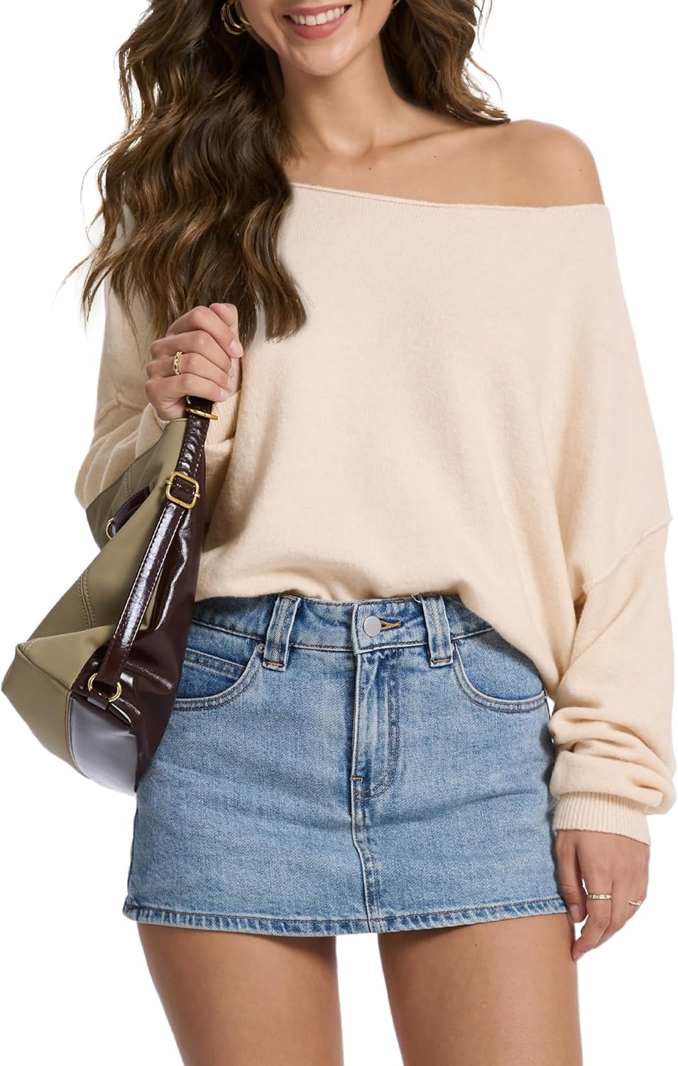 FAlABLE Women's Sweater Off Shoulder & Boat Neck Oversized Long Sleeve Pullover Cozy Knit Fall Winter Casual Tops