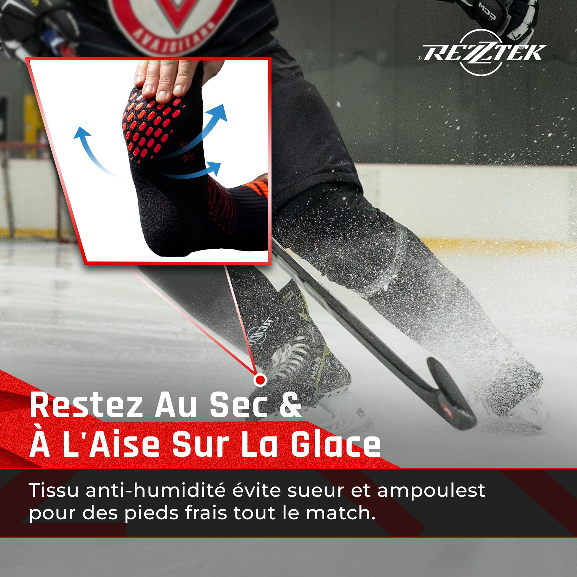 Rezztek Chaussettes de patins de hockey avec semelle antidérapante et protection anti-morsure
