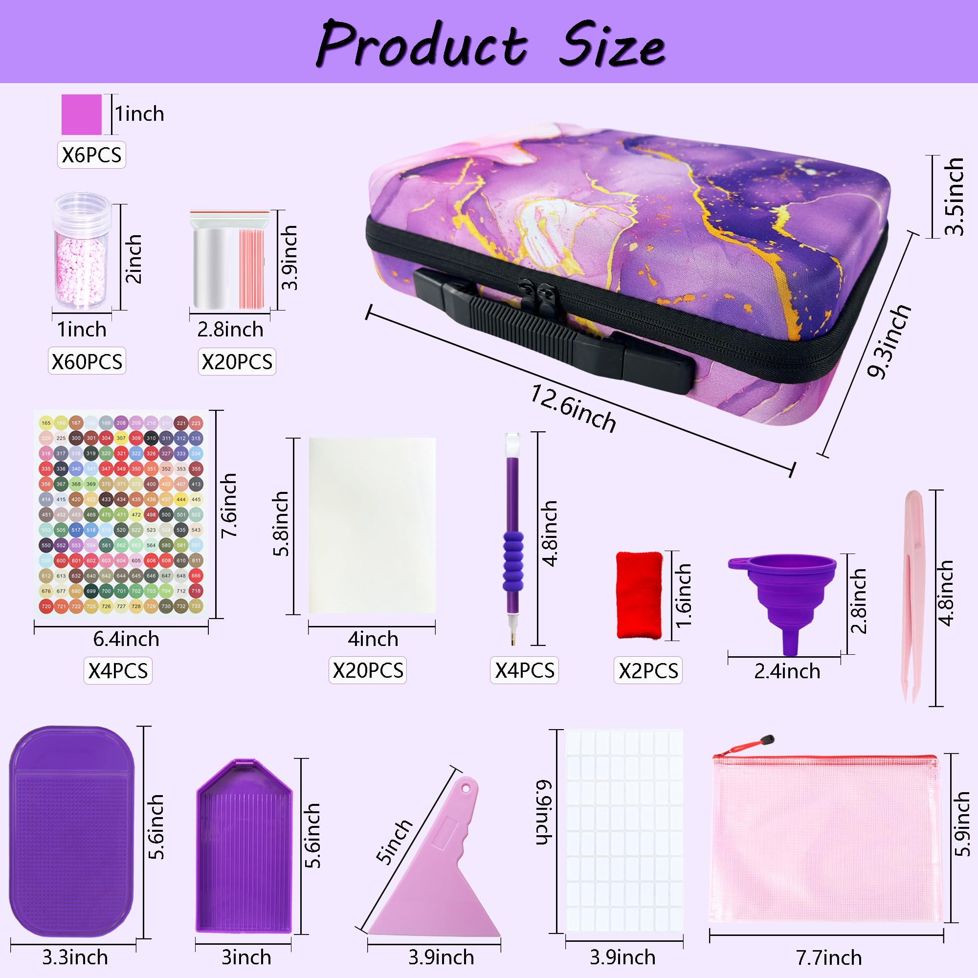 Fokenzary Contenitori per pittura con diamanti, 60 scomparti, kit per pittura con diamanti, accessori e strumenti portatili (violet-lite)