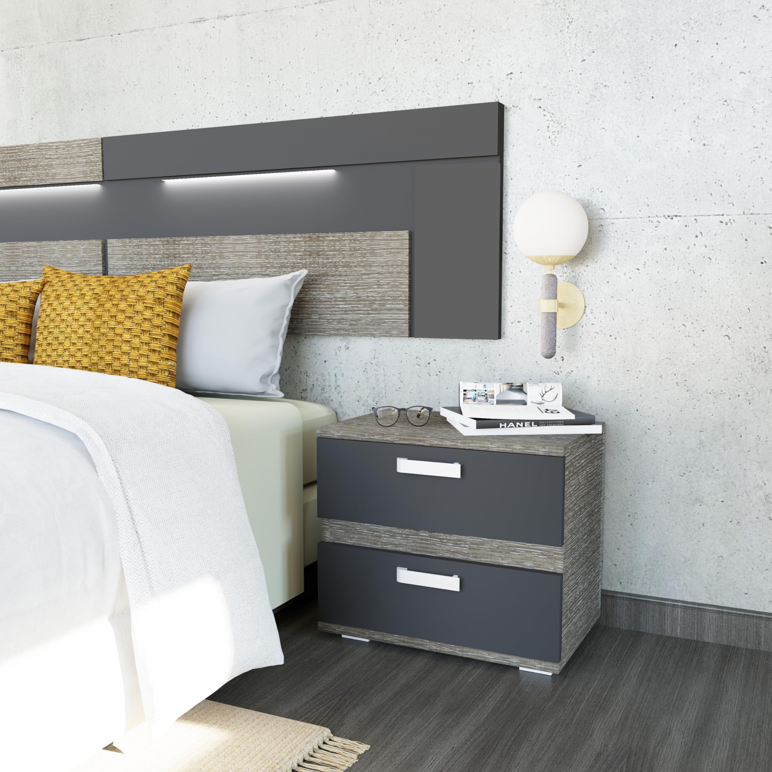 duehome | Pack Cabecero con Leds y 2 Mesitas de Noche, Dormitorio Doble, Dormitorio Completo, Modelo Ataneq Dark, Acabado en Ceniza y Negro