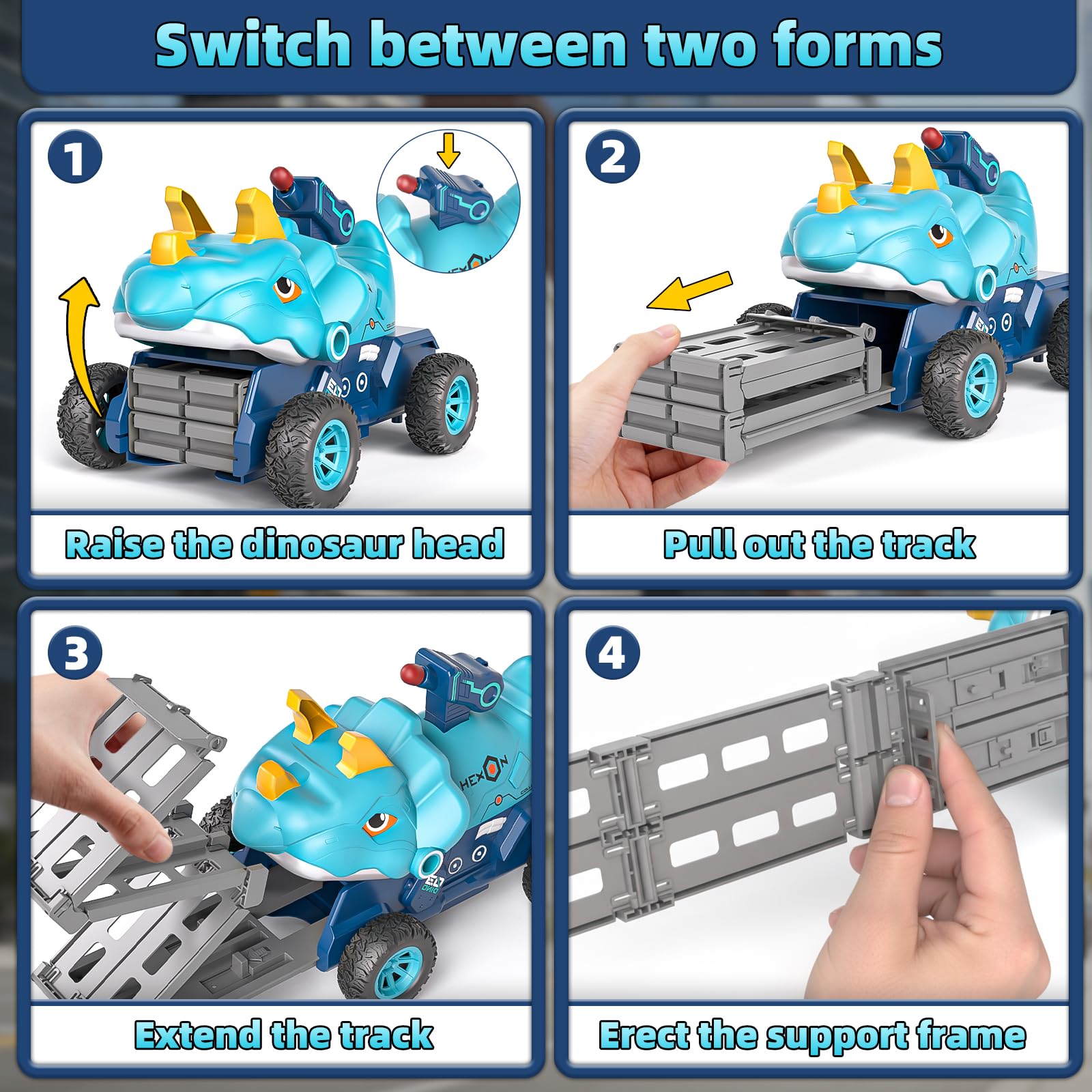 Doloowee Dinosaur Track Car, Toy Car with Inertia Force, Car Race Track Set Gift for Boys Aged 3-5 Years, Blue - Image 4