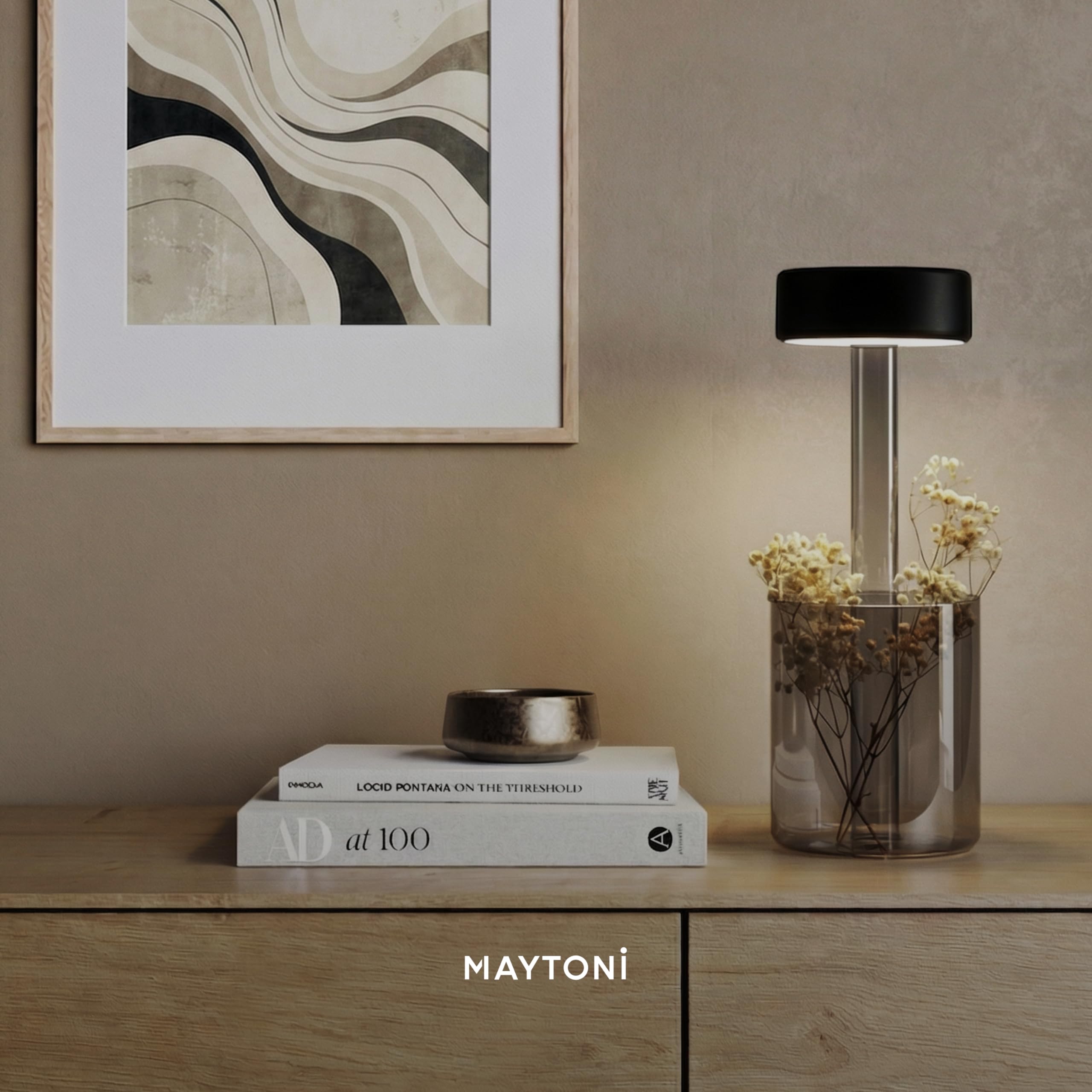 Maytoni Akku-Tischleuchte Symbia Rauchglas Schwarz, LED 3W dimmbar, 3 Farbtemperaturen 2200K 3000K 4000K, kabellos, IP20, Tischlampe Restaurant Terrasse, 2 in 1 Vase und Lampe, Touch Bedienung
