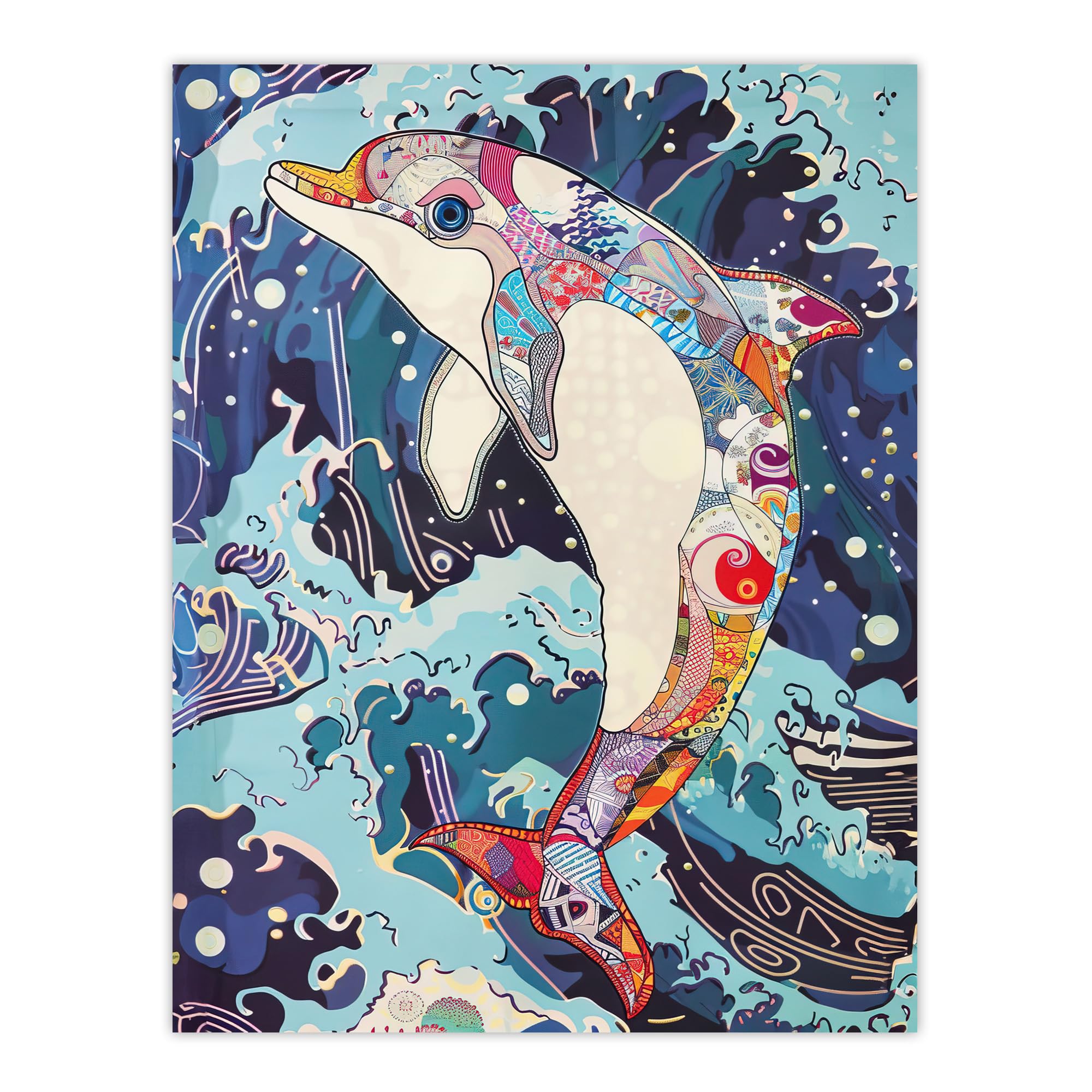 Artery8 Dolphin Jump Sea Waves Colourful Folk Art Living Room Extra Large XL Wall Art Poster Print