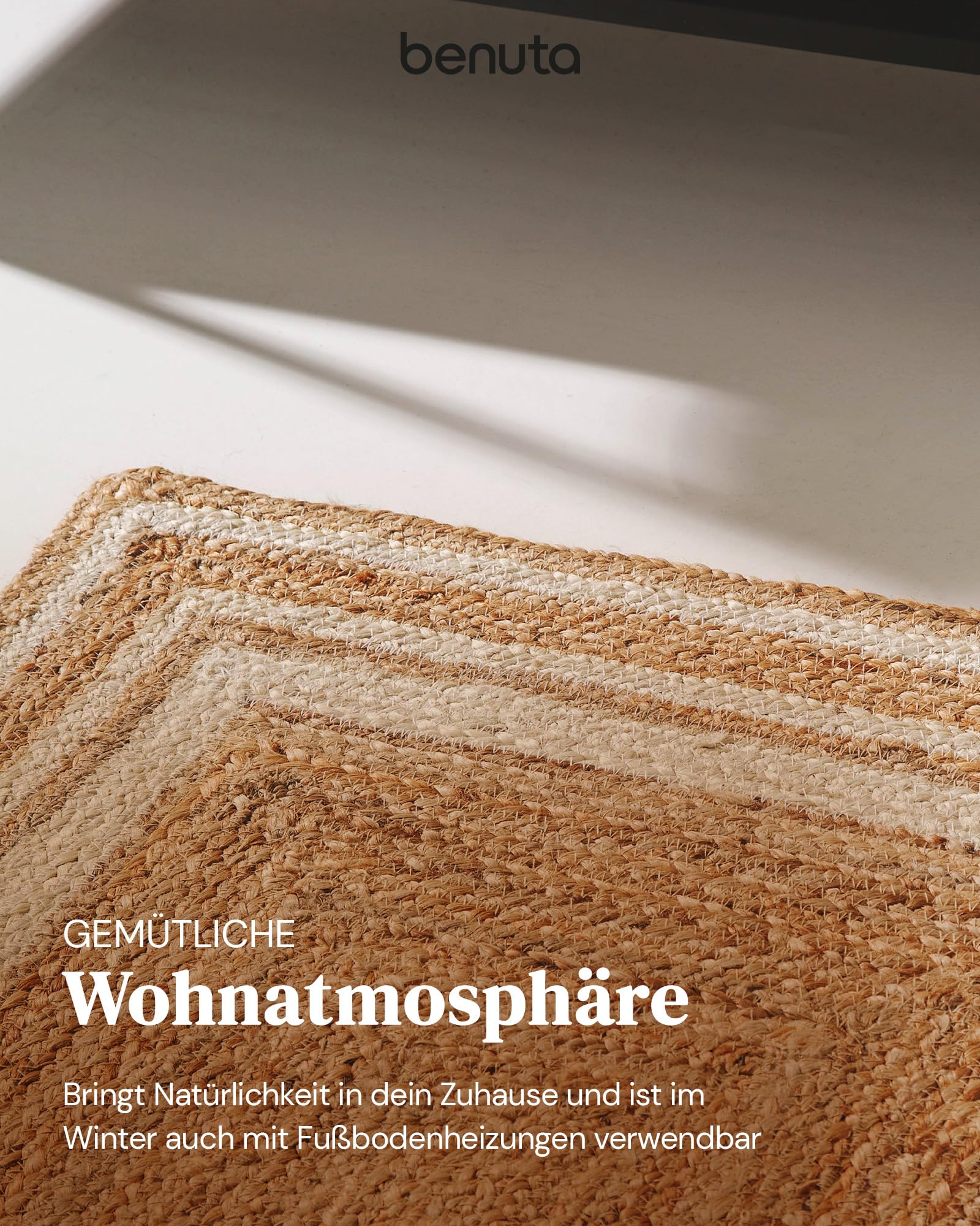 benuta Pure Jute Teppich Jutta - Natur 200x300cm - Weiße Bordüre - Handgewebter Wohnzimmerteppich - Natürliches Boho Design - Für Fußbodenheizung geeignet