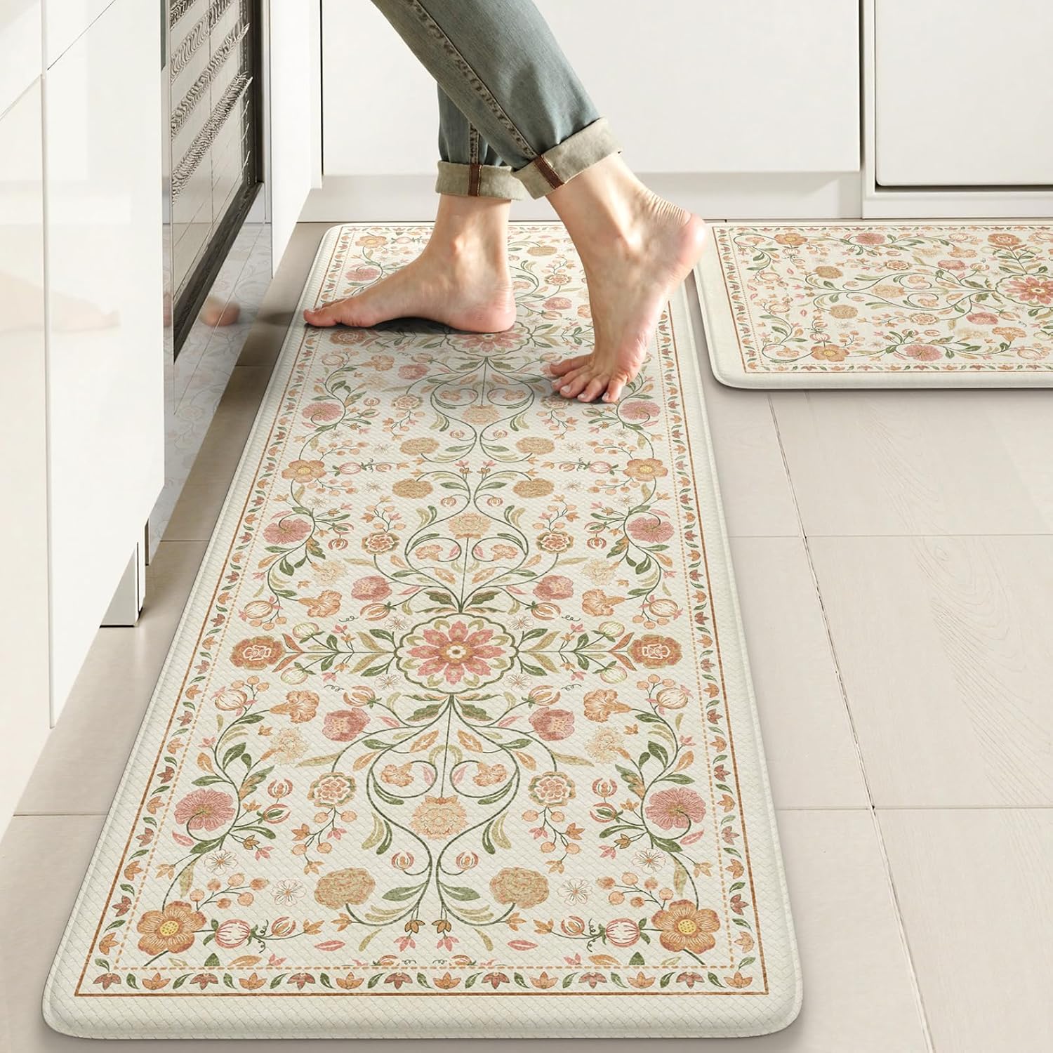 KIMODE Anti Fatigue Mats for Kitchen Floor Non Slip,Farmhouse Boho Floral Standing Kitchen Rugs Sets of 2,Comfort Cushioned Padded Ergonomic Carpet for Laundry Sink Office,Beige 17.3" x 47 "+ 17.3" x 29 "--0.47 inches Beige