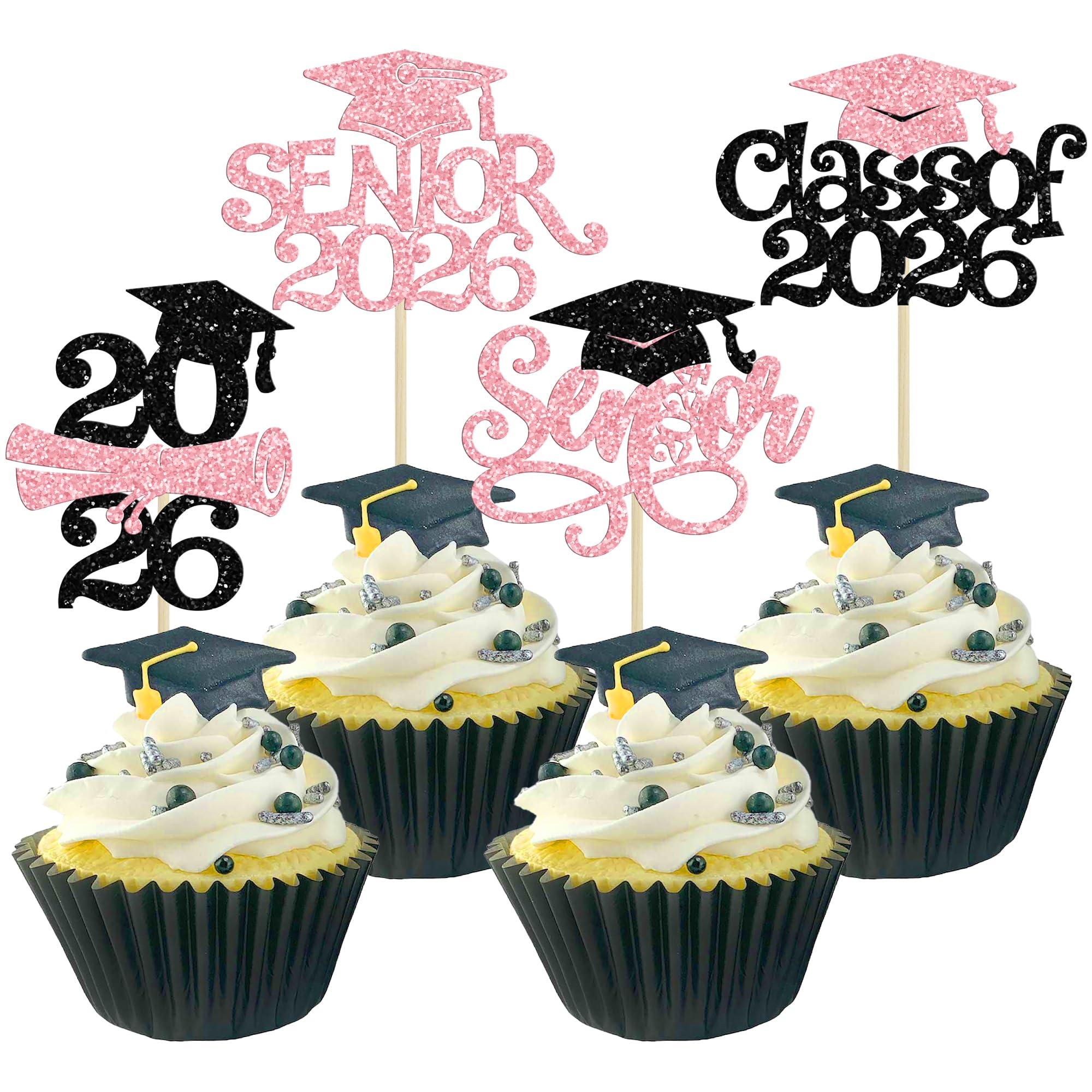 Gyufise 24Pcs 2026 Senior Graduation Cupcake Toppers with Glitter Class of 2026 Cupcake Picks Senior 2026 Cupcake Decorations for Graduation Theme Party Supplies Pink
