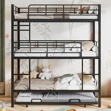 Triple Bunk Bed Twin Over Twin Over Twin, Heavy Duty Triple Bunk Bed with Trundle Bed, 3-Tier BunkBed with 2 Ladders and Guardrails, Black