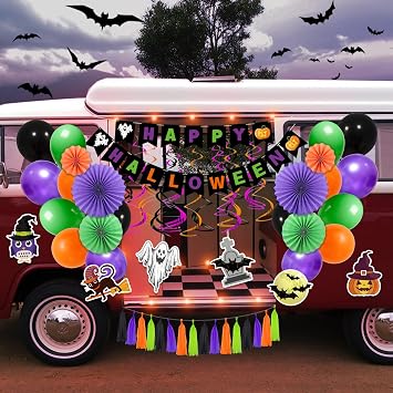 Halloween Trunk or Treat Car Decorations Kit with LED Lights, Happy Halloween Theme Design Car Archway Garage Decoration with Banner, Paper Fans, Balloons, Tassel, Spiral Band and Pumpkin Stickers