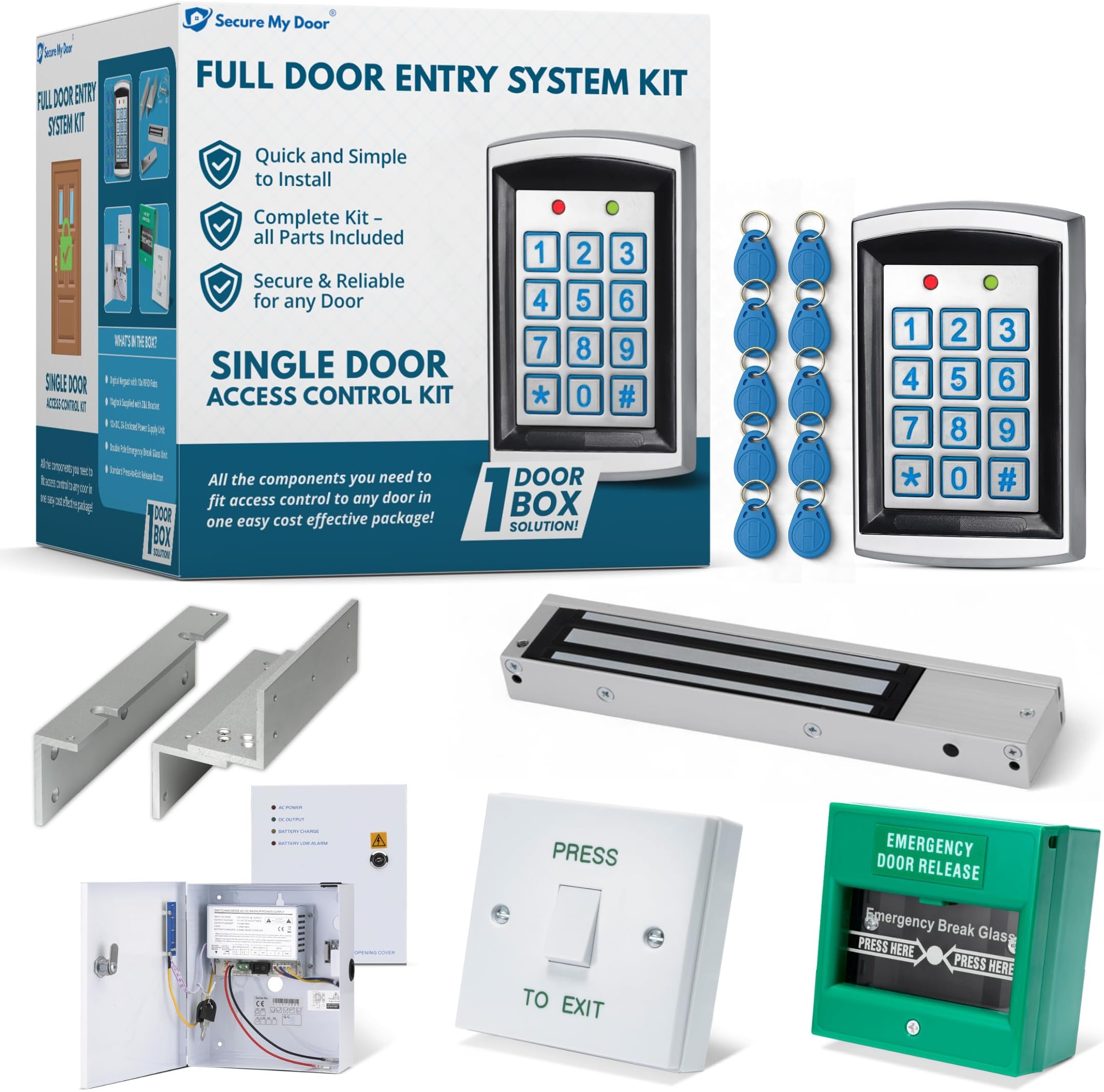 SecureMyDoor - Full Door Entry Kit | Security System with Electric Maglock Lock | Proximity Keypad Entry with x10 RFID Proximity Fobs Included | Ideal for Access Control Residential & Commercial Doors