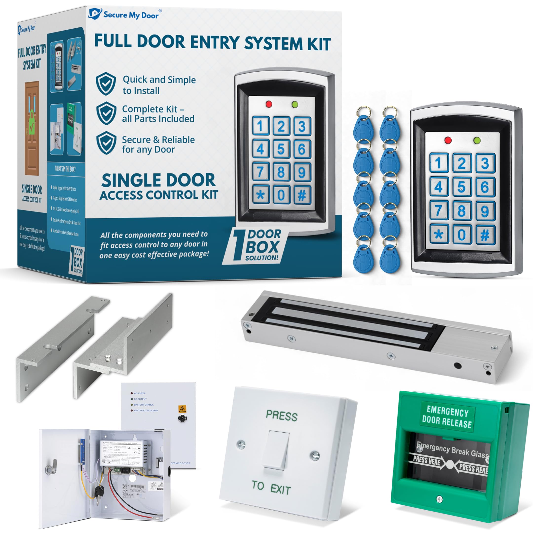 SecureMyDoor - Full Door Entry Kit | Security System with Electric Maglock Lock | Proximity Keypad Entry with x10 RFID Proximity Fobs Included | Ideal for Access Control Residential & Commercial Doors