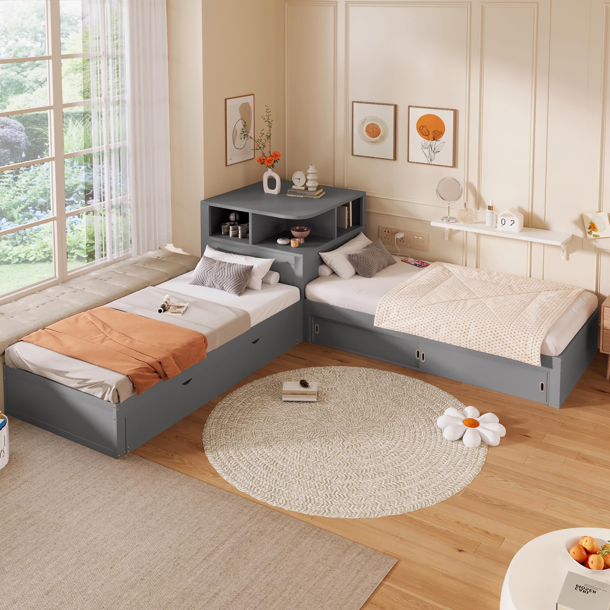 Cama Nido 90x200 con Respaldo en Forma de L Cama Canapé Madera de Pino Single Bed con Almacenamiento Integrado Estructura Angular de Plataforma en L para Estudio Gris