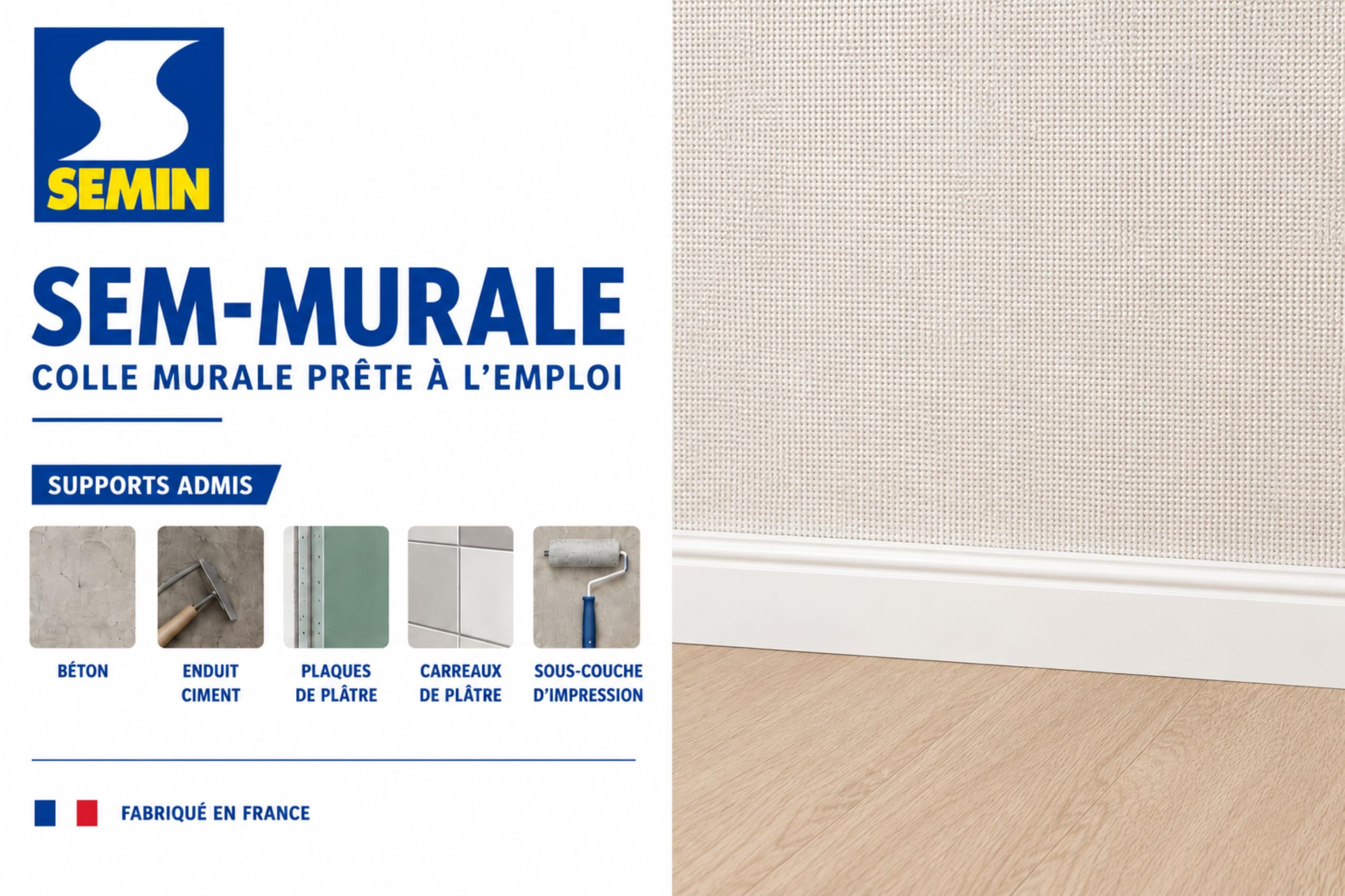 SEMIN Sem-Murale – Colle Toile de Verre & Revêtements Muraux Légers – Prête à l’Emploi – Forte Adhérence – Intérieur Murs & Plafonds – Sans Odeur – 3 seaux de 5 kg