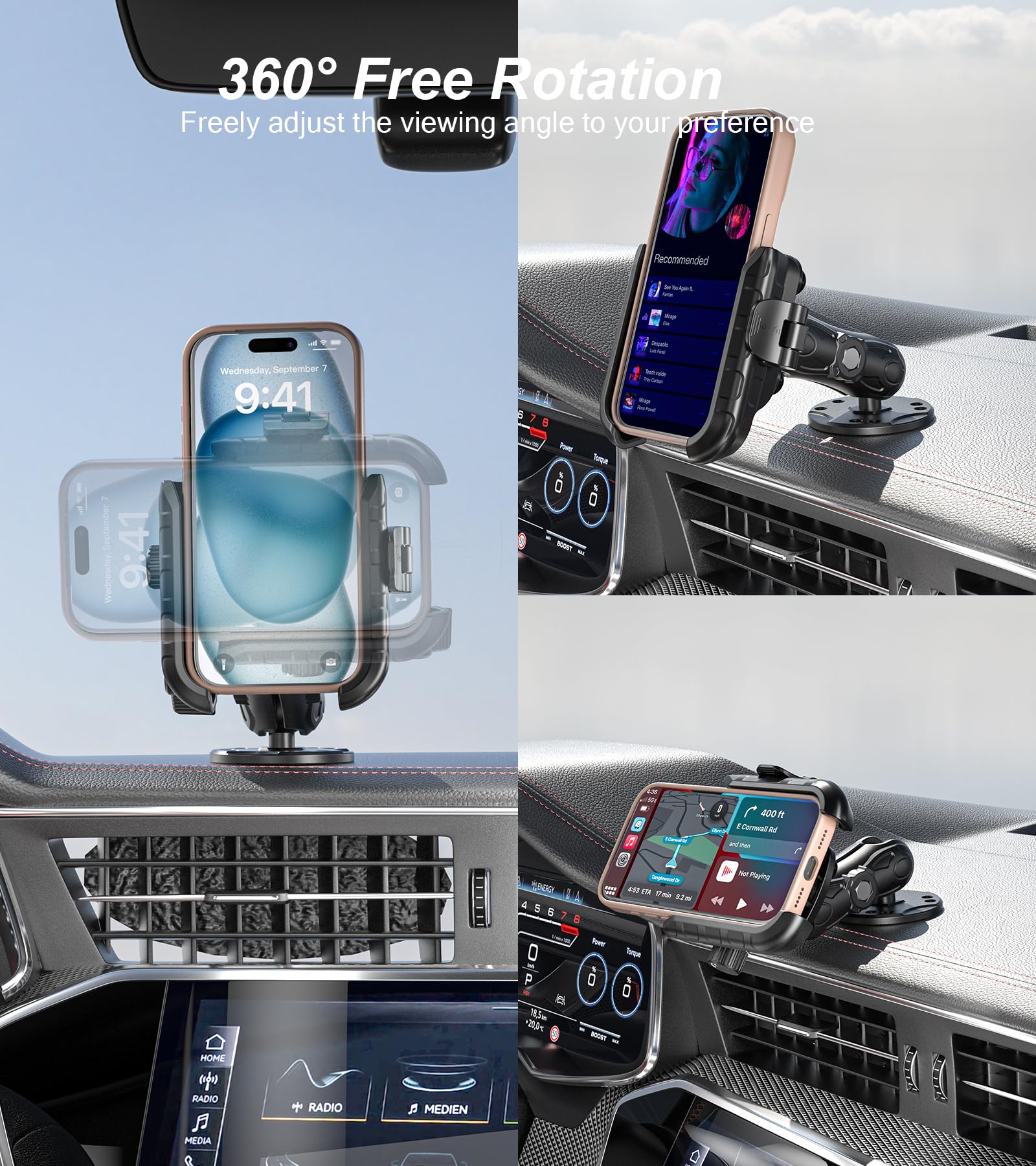 LOKTENWO Anti-Vibrations-Telefonhalterung mit Vibrationsdämpfer [Kamera ohne Blockierung] [1s Lock & Release] mit mittlerem Arm und runder Aluminium-Basis für Auto, LKW, UTV, Boot, passend für