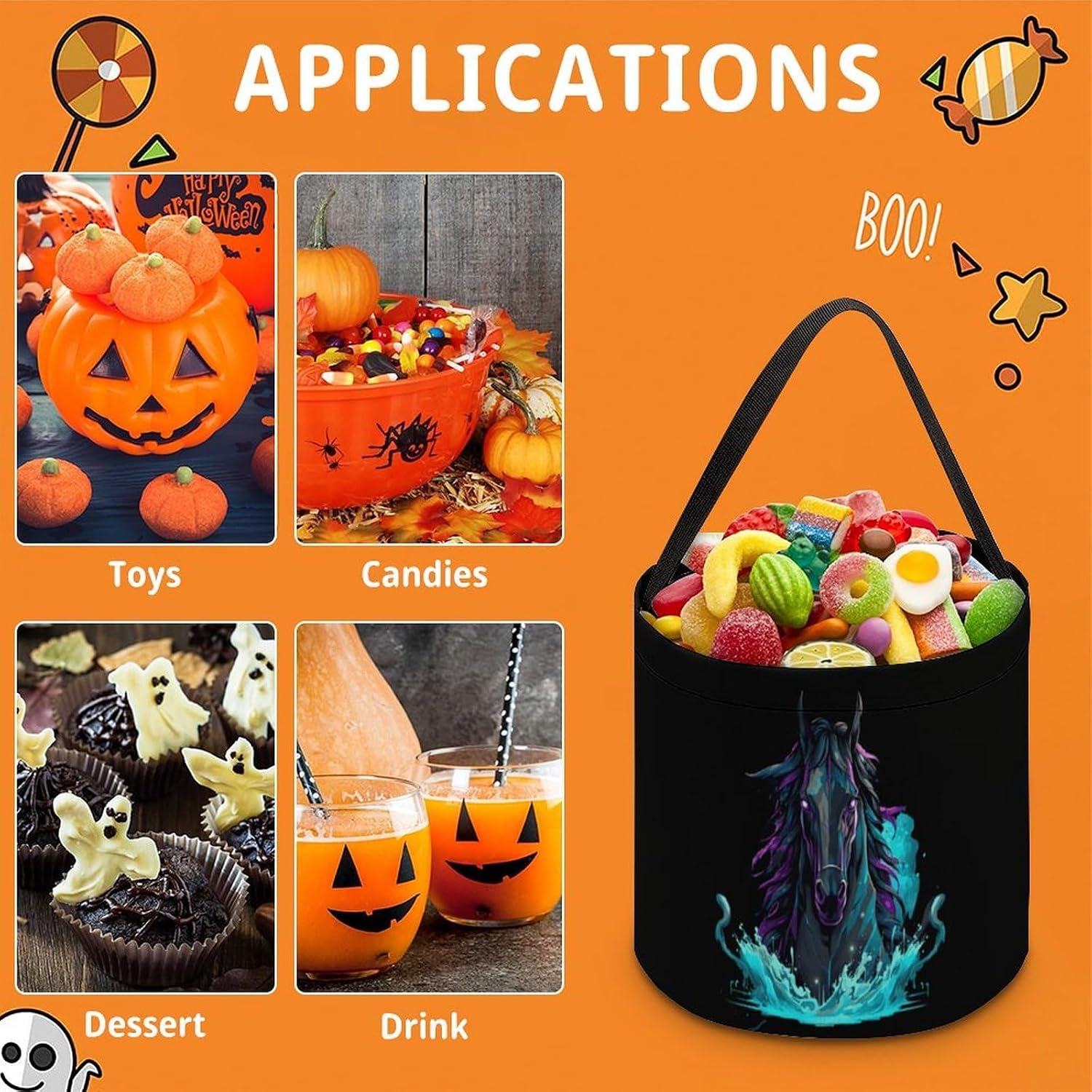 Black Horse Halloween Treat Bag Reusable Candy Basket Tote Goody Bags Gift Party
