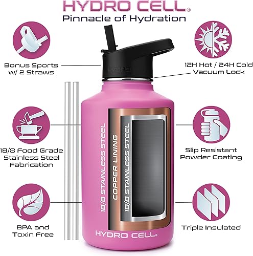 Miniatura 3 de HYDRO CELL - Botella de agua con aislamiento térmico de acero inoxidable con pajilla, para bebidas frías y calientes, termo deportivo con tapón con