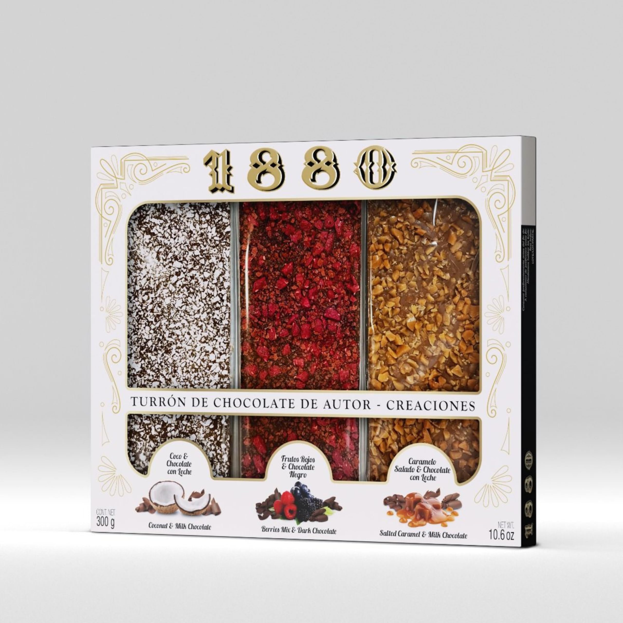 Degustación Turrones Chocolates de Autor 3 gustos Coco & Chocolate con leche Turrón de Frutos Rojos & Chocolate Negro Turrón de Caramelo a la Sal & Chocolate con Leche 3 x 100g Pack 300g