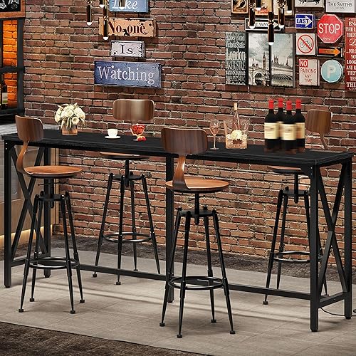 Miniatura 1 de Mesa de bar de 70.9 pulgadas, mesa de comedor de cocina con toma de corriente y reposapiés, estilo industrial, para pub, sala de estar, negro