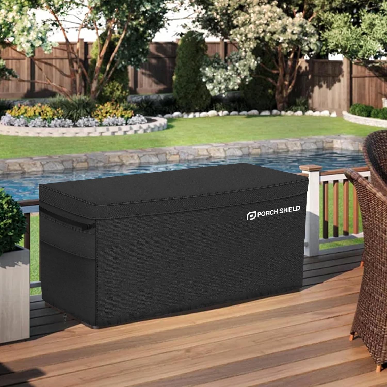 Porch Shield Patio Deck Box Storage Cover - 600D Outdoor Waterproof Tear Resistant Rectangular Fire Pit Table Cover 56 x 26 x 26 inches（Top Zipper, Black）