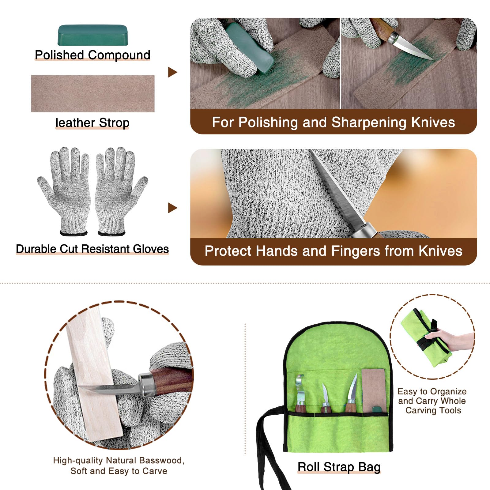 Kit de Tallado de Madera, 10 en 1 Kit de Herramientas para Tallar Madera, incluye 6 Cuchillos Para Tallar Madera Seco para principiantes, Guantes Resistentes a Cortes, Bolsa de Lona