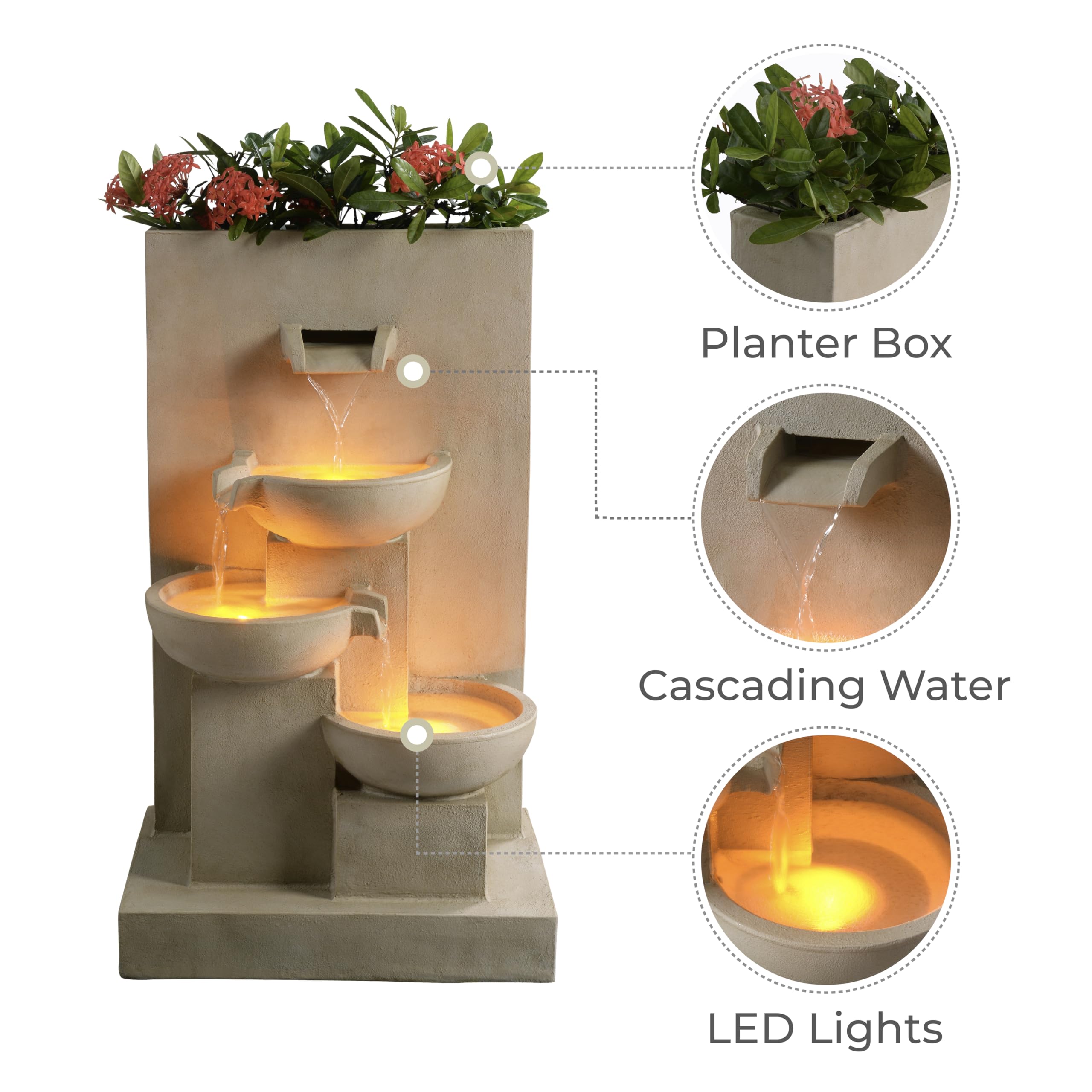 Teamson Home 74 cm 3-stufiger Kaskadierender Outdoor-Wasserbrunnen mit Pflanzgefäß, LED-Leuchten für Außenbereiche, Natur