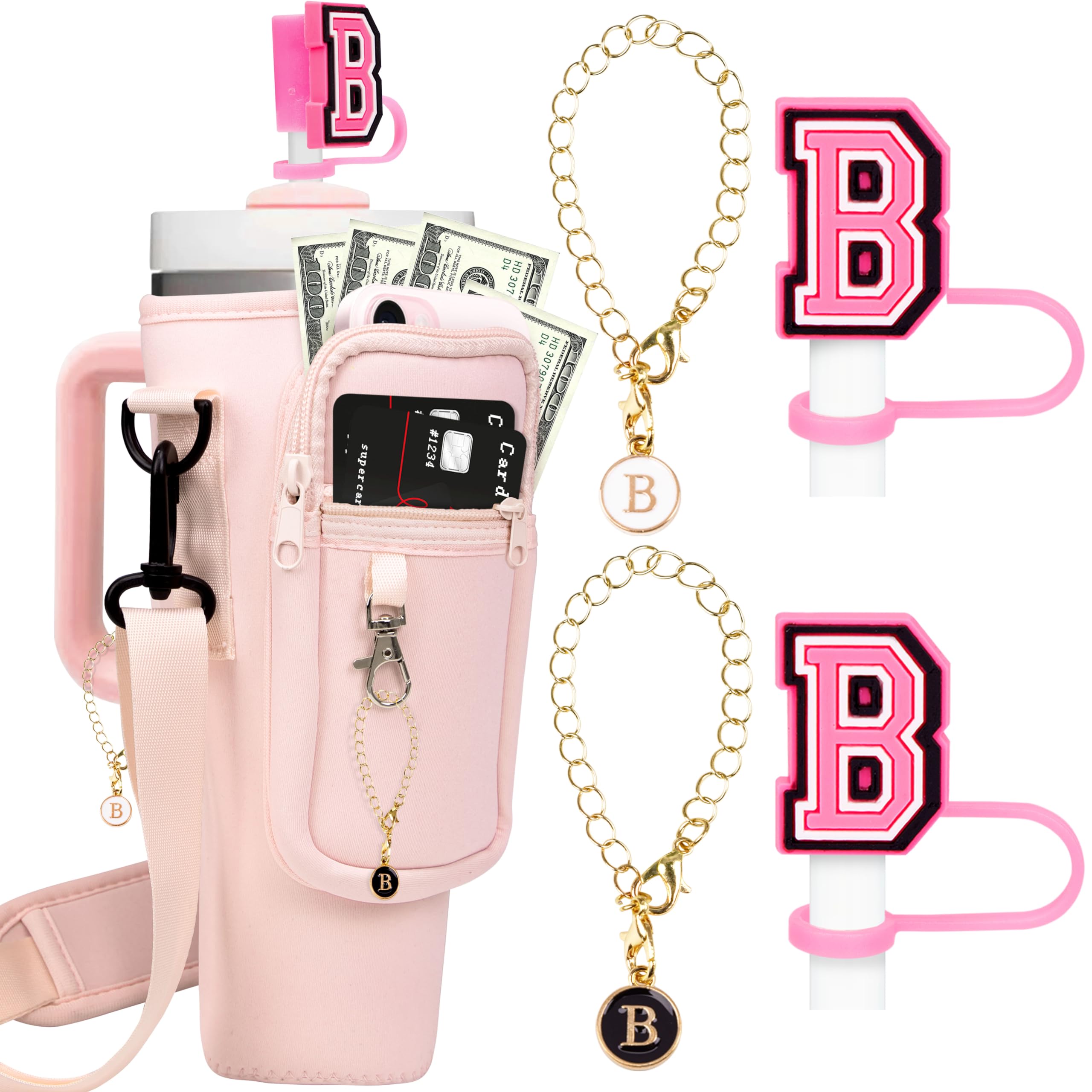Accessories for Stanley Bottle Cup: Water Tumbler 40oz Holder Carrier Bag with Strap, 2 Straw Covers, 2 Chains - Letter B