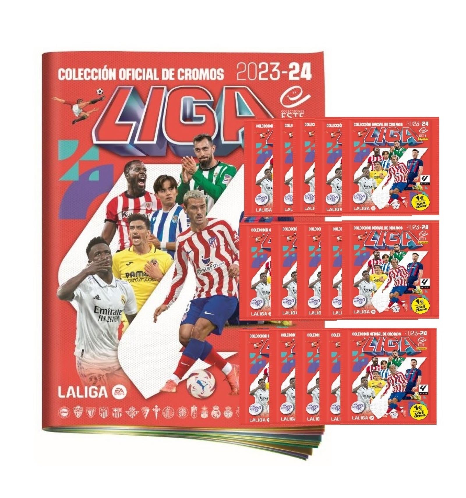 Lote ALBUM + 15 sobres (5 promocionales y 10 normales) LIGA ESTE 2023 2024 120 cromos