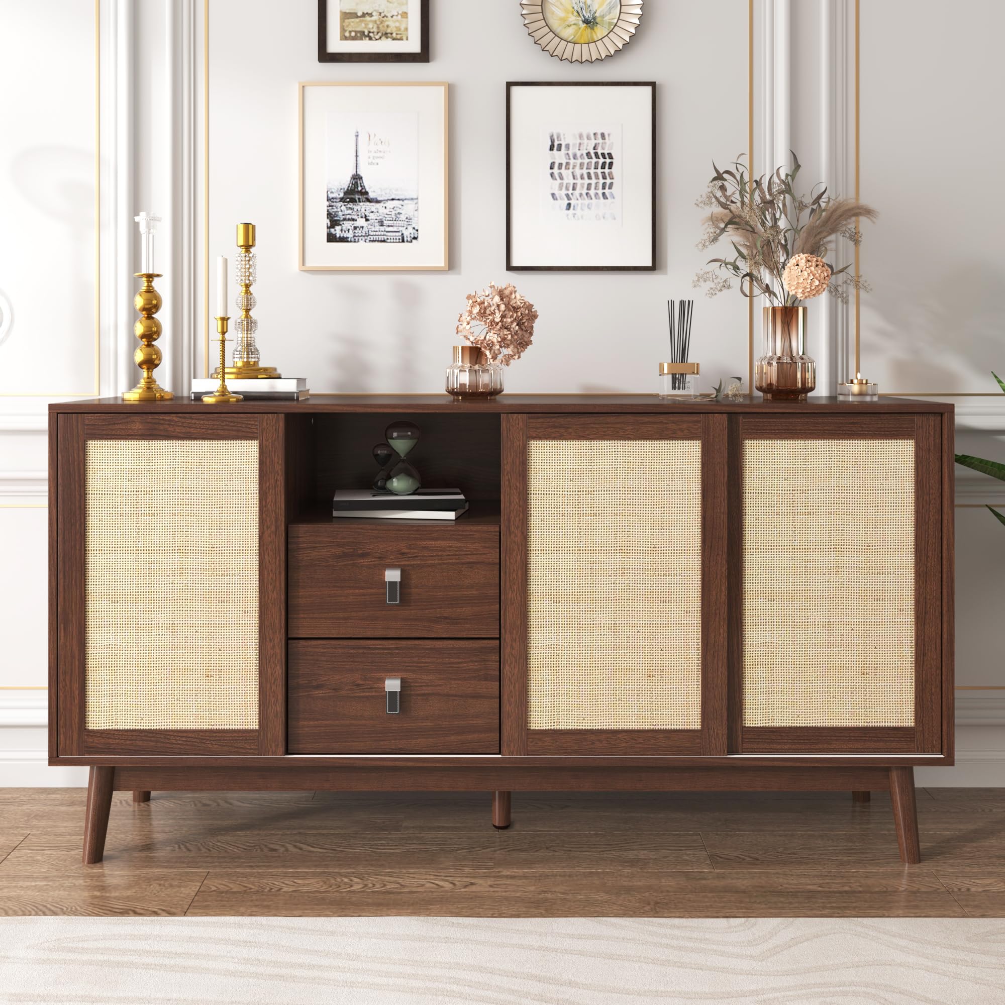 Sideboard 155x38x80 Cm Mit Rattan Schiebetüren 2 Schubladen Holzfüße Atmungsaktiv Stauraum Buffetschrank Anrichte Wohnzimmer Schrank Regal Mit Türen Für Flur Esszimmer