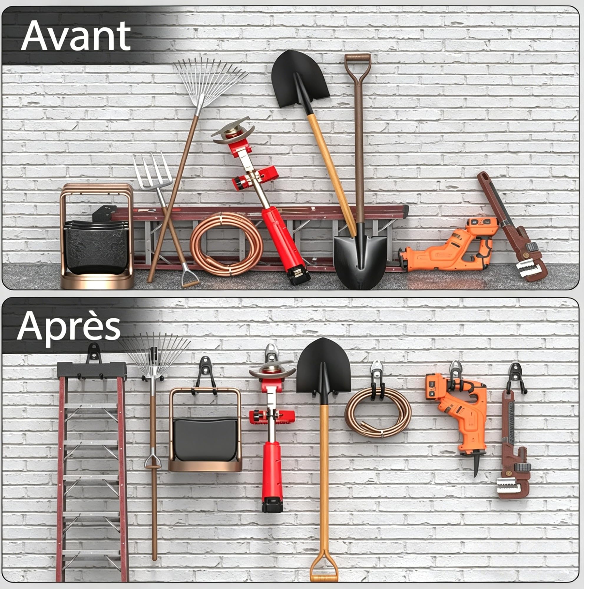 3-H Crochet Mural Garage 14pcs, Porte Outils Mural pour Rangement Atelier Jardin, Crochet Muraux en Acier Robuste avec 3 Points de Soudure pour Êchelle,Vélo,Tuyaux,Outil électrique,Noir