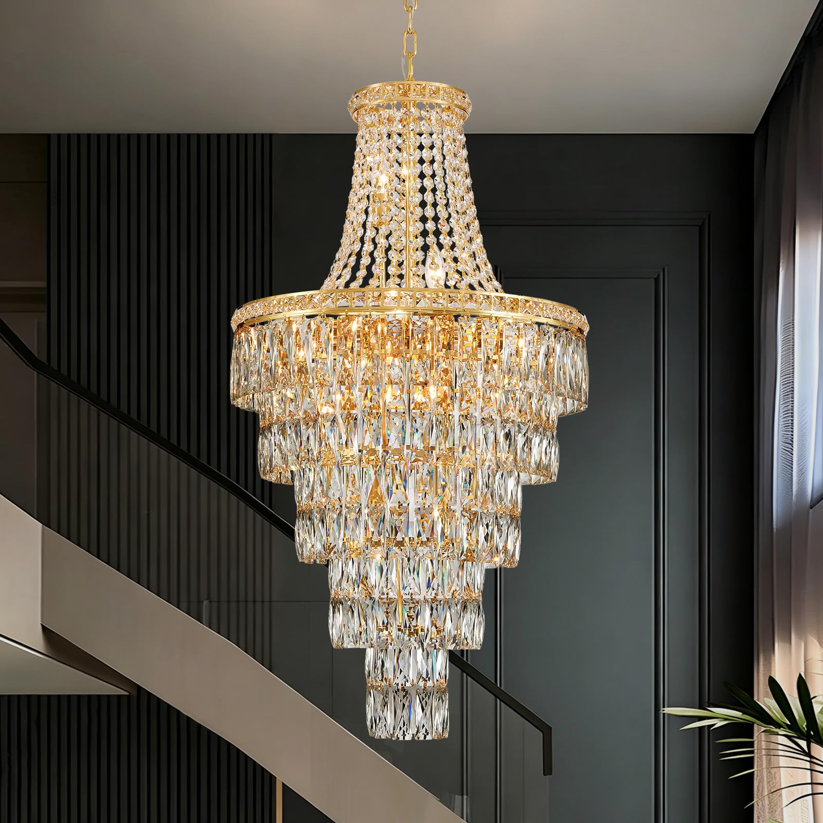 DUNFIZZ High Ceiling Chandelier 13-Light Gold Modern Crystal
