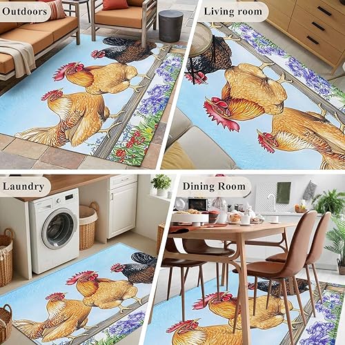Miniatura 6 de 3x5 Area Rugs, Retro Rooster Non-Skid Rubber Backing Large Rectangle Rugs - Living Room Bedroom Home Office, Spring Flower Pastoral Animals