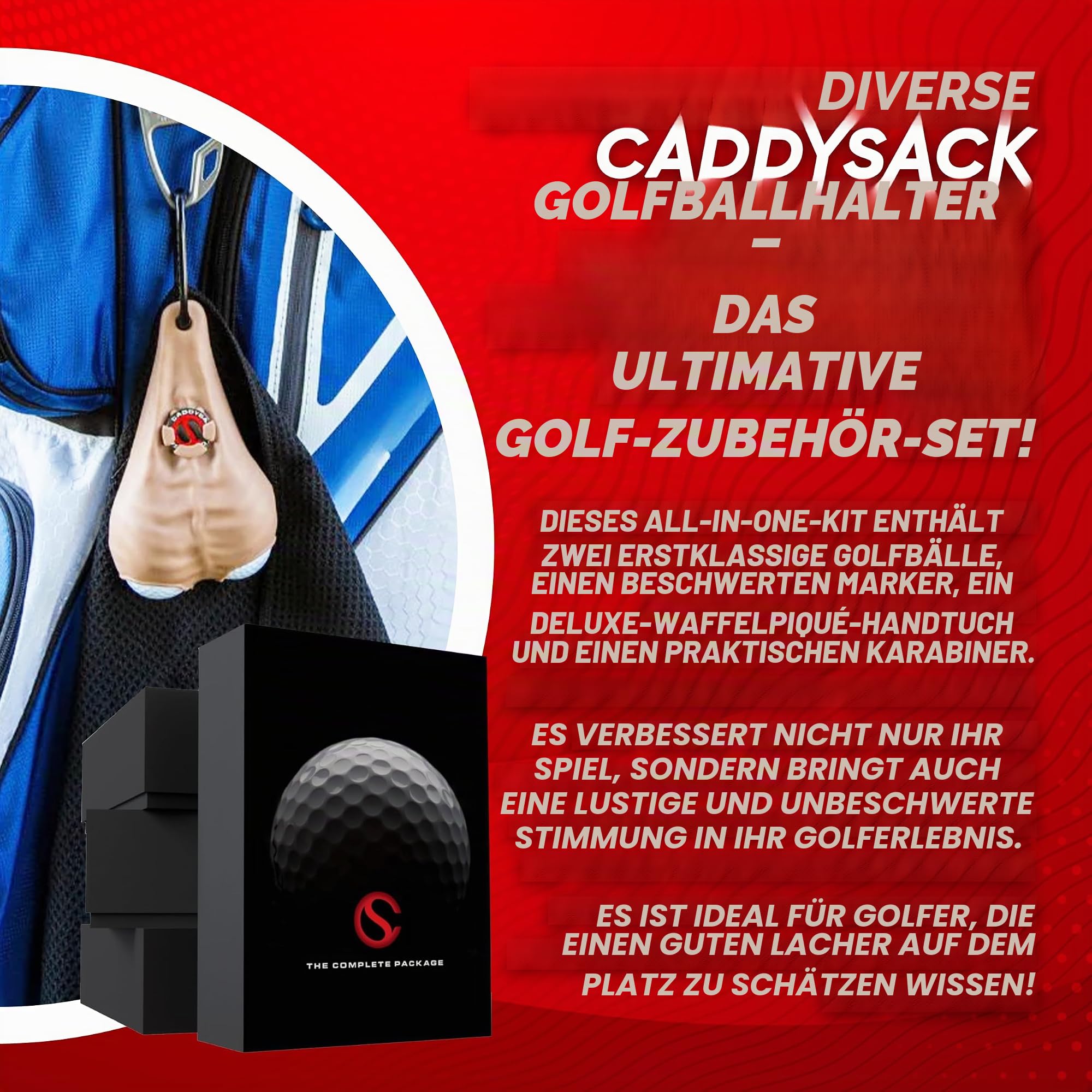 CADDYSACK Golfballhalter und Spender mit Golf-Handtuch, 2 Golfbälle, Golfballmarker, Karabiner, Geschenkbox – lässt Sich leicht an Golftasche, Gürtel oder Wagen befestigen – lustiges und funktionales