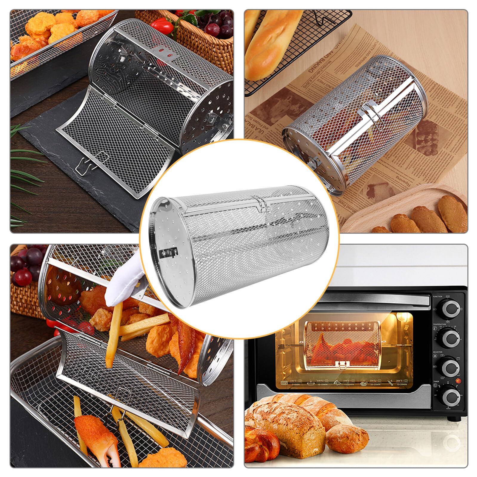 Jaula Giratoria para Asar Acero Inoxidable 180X300 MM Cesta para Horno y Barbacoa Soporte para Verduras Brochetas y Frutos Secos Accesorio Práctico para Cocina y Parrilla