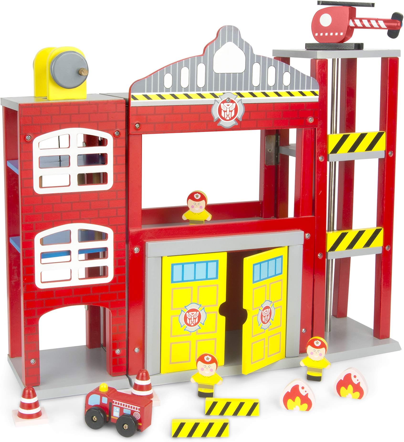 leomark Big Children's Kids Wooden Fire Station Play Set with Fire Engine Accessories Wooden Firefighters Helicopter Moving Rotary Elevator