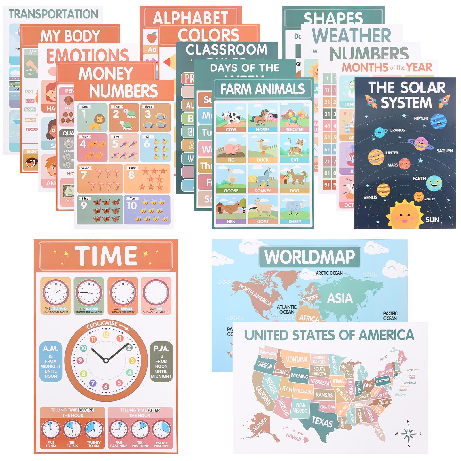 QINGLANG 18 Pack Educational Posters for Toddlers Preschool Learning Wall Charts for Kids Nursery Homeschool Classroom Decorations Wall Stickers Alphabet Numbers Colours Days Weather Shapes(Style 2)
