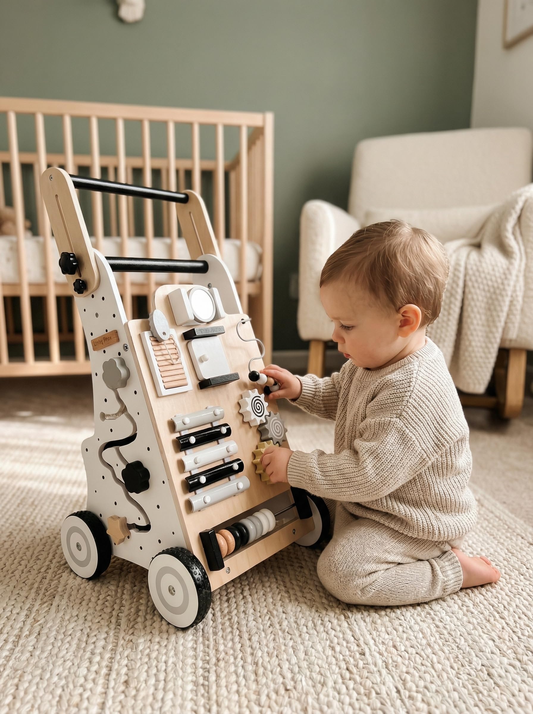 KiddyMoon Girello Interattivo In Legno Per Bambini Multifunzione Primi Passi WK-001, Bianco-Nero
