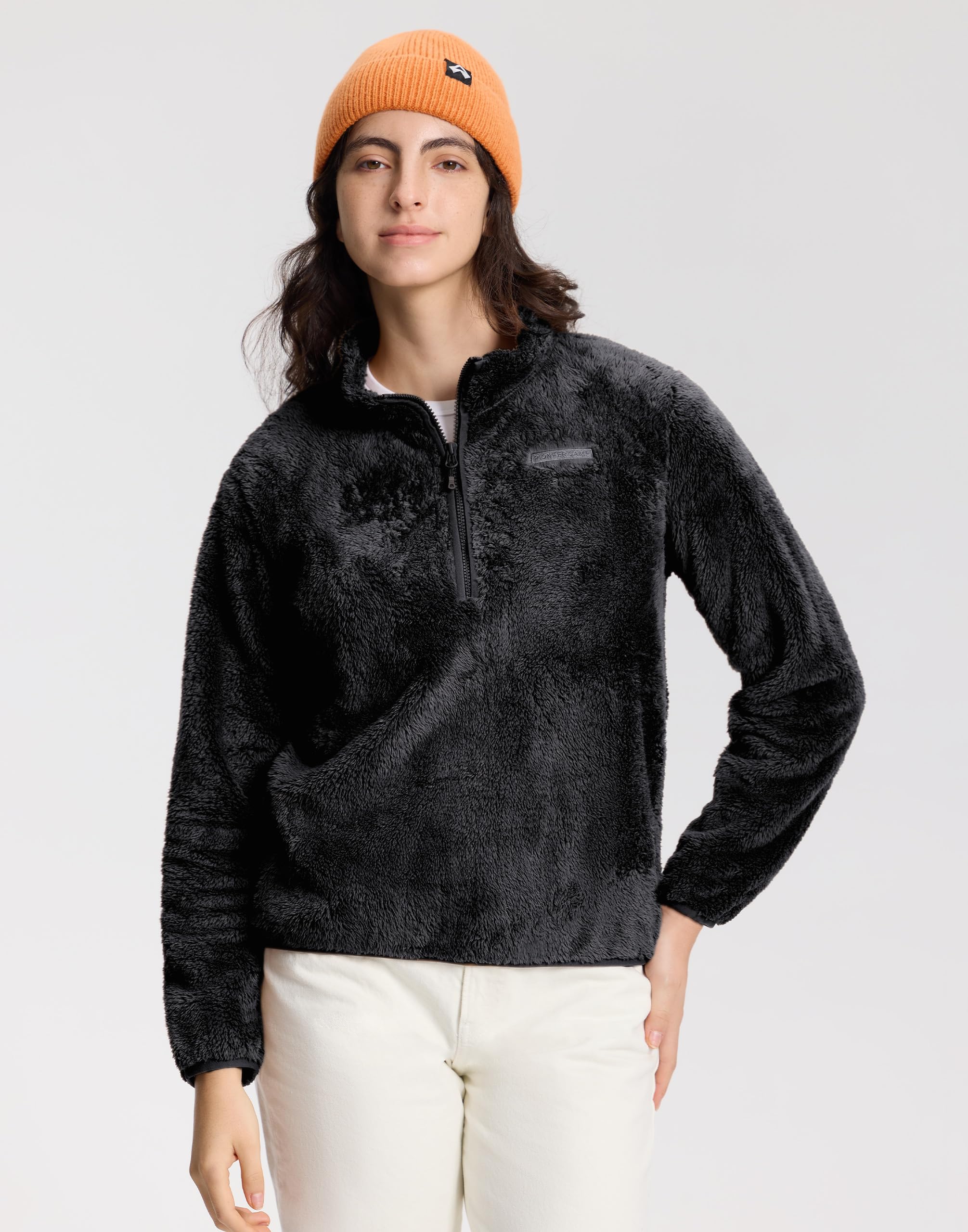 Pioneer Camp Jersey de forro polar para mujer con cuello alto, media cremallera, sudadera de manga larga de algodón, suéter deportivo suave sin capucha, chaqueta de entretiempo otoño invierno