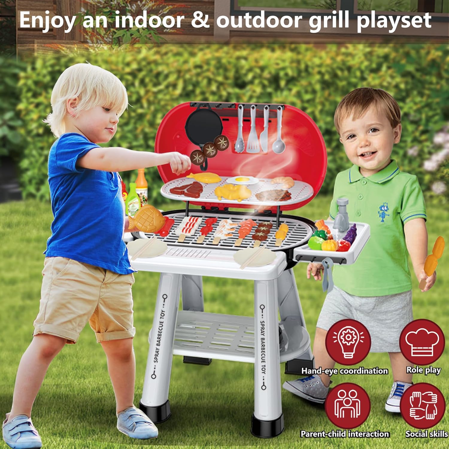 Kitchen Toy Set, Kids Grill Playset with Play Sink, Indoor Outdoor Interactive BBQ Grill Play with Smoke, Sound & Light, Pretend Cutting Food for Toddlers, Christmas Birthday Gift for Boys and Girls image 2 of 7 B0F8RC22MK